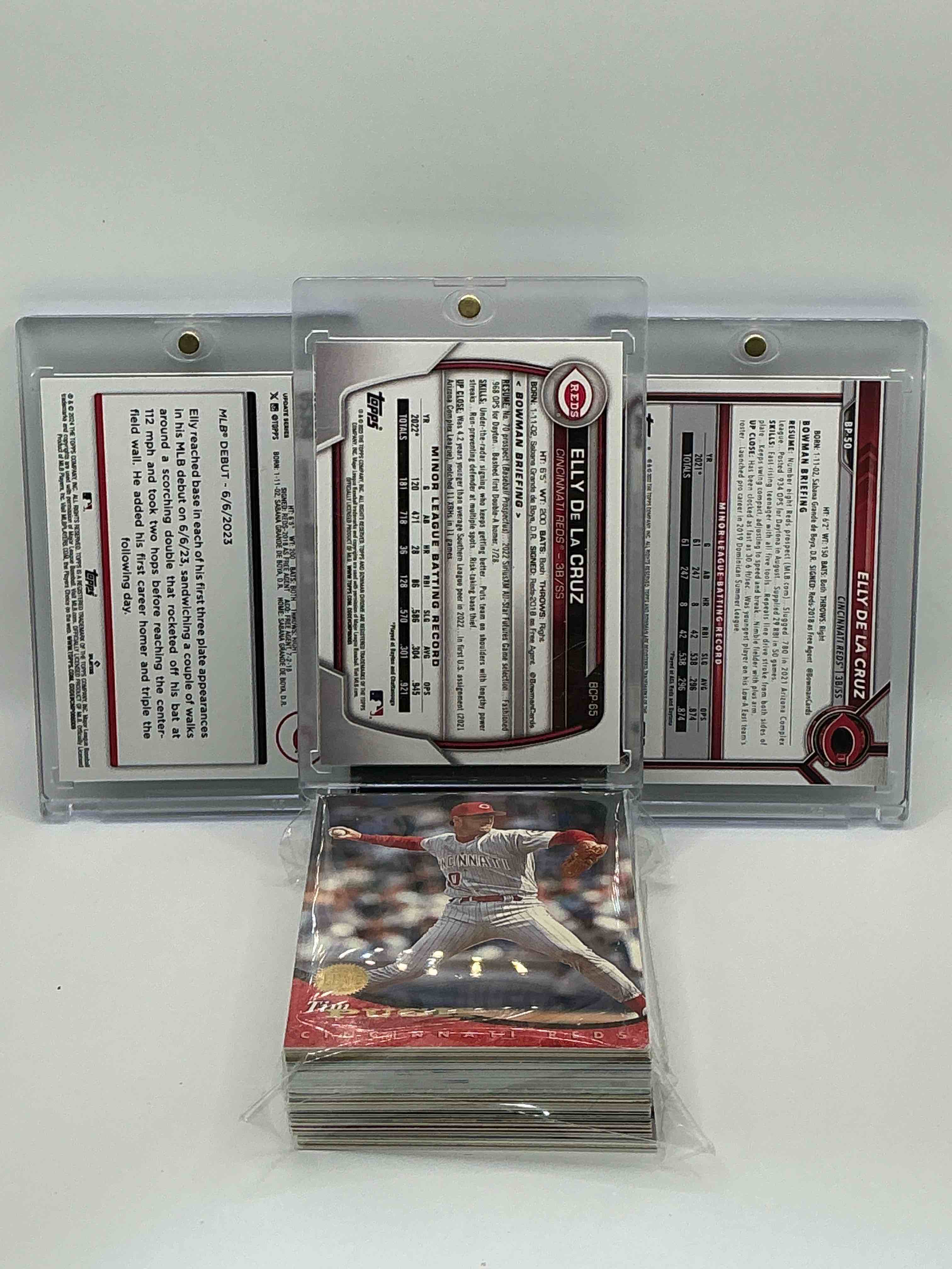 Condition photo showing New/Like New for Reds Rambunctiousness! 2023 Bowman Chrome Prospects Elly De La Cruz! 2024 Topps Reds Rookie Elly De La Cruz! 2022 Topps Bowman 1st Prospects Elly De La Cruz! Along With 40 Other Reds Heroes, Legends & Commons!