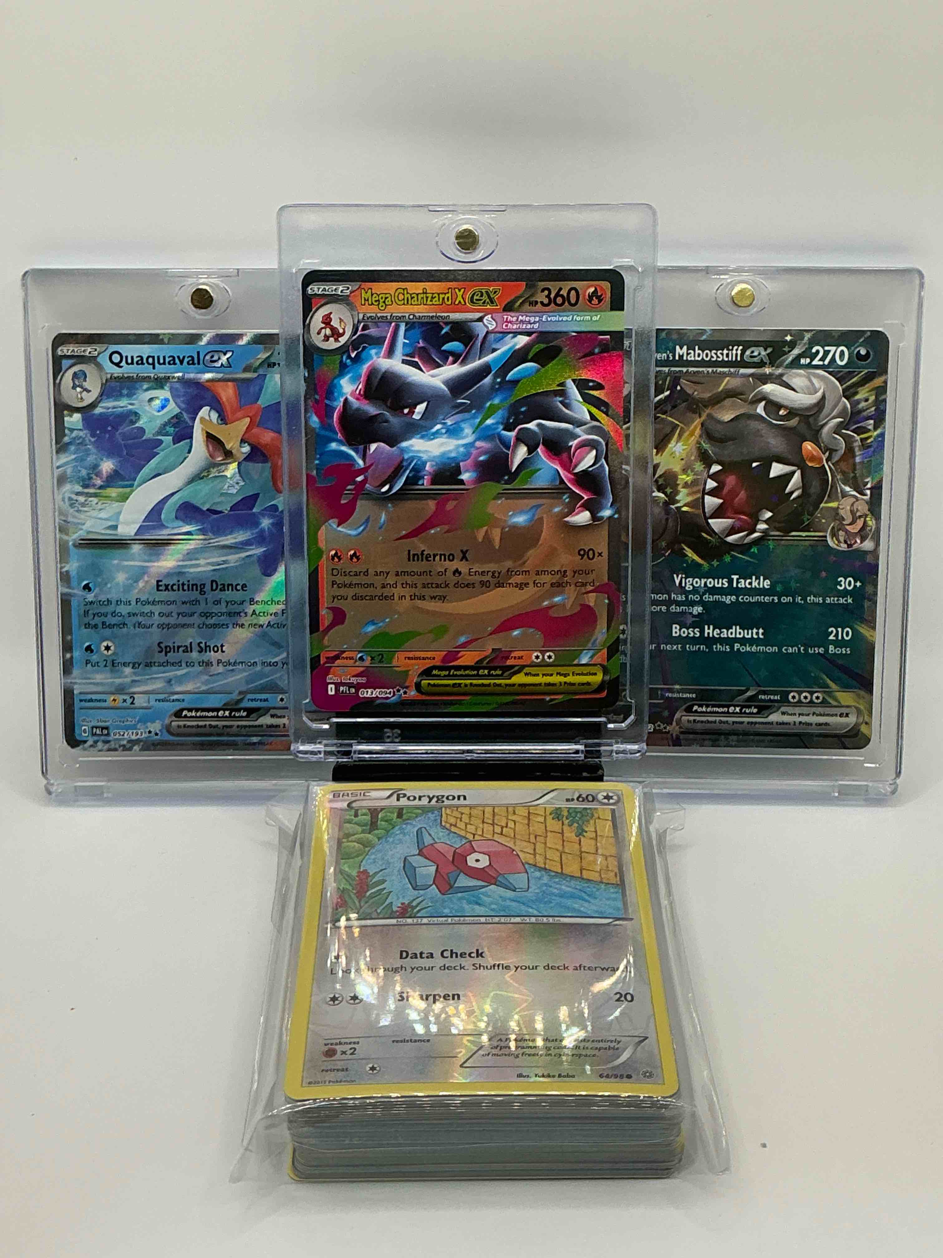 Pokémon Palooza! Silver & Blue Shimmer Inferno X Mega Charizard X EX! Silver & Blue Shimmer Exciting Dance Spiral Shot Quaquaval Silver & Navy Vigorous Tackle Boss Headbutt Arven’s Mabosstiff EX! EX! Along With 50 Other Pokémon Heroes, Holos, Legends & Commons!