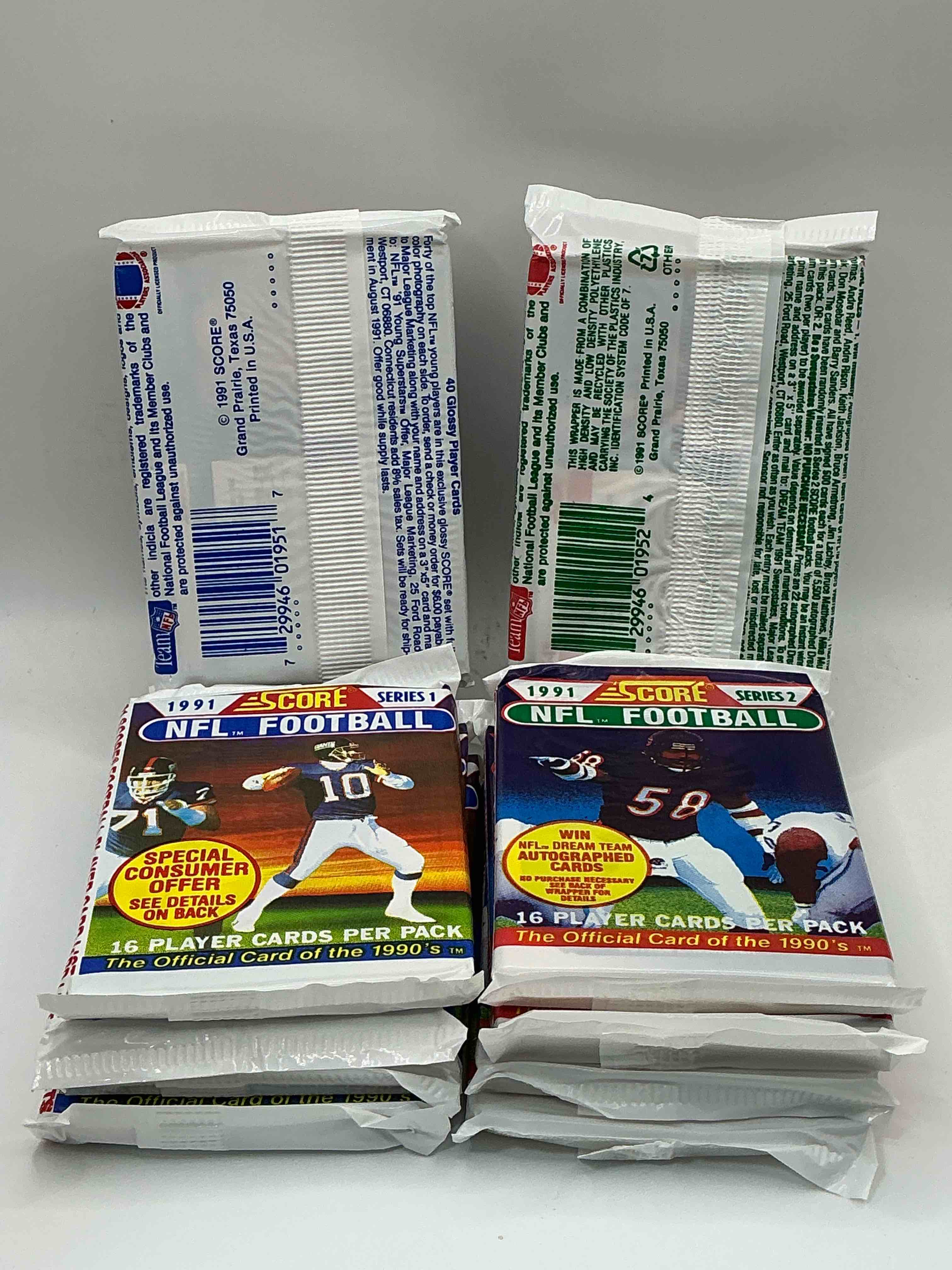 Condition photo showing New/Like New for 1991 NFL Score Football Sealed Card Packs Series I & II, Direct From Original Retail Case! These Cards Are Sought After By Collectors For Their Awesome, Nostalgic Look. Search For Brett Favre Rookie, Early Jerry Rice, Early Emmit Smith, Joe Montana & So Much More!