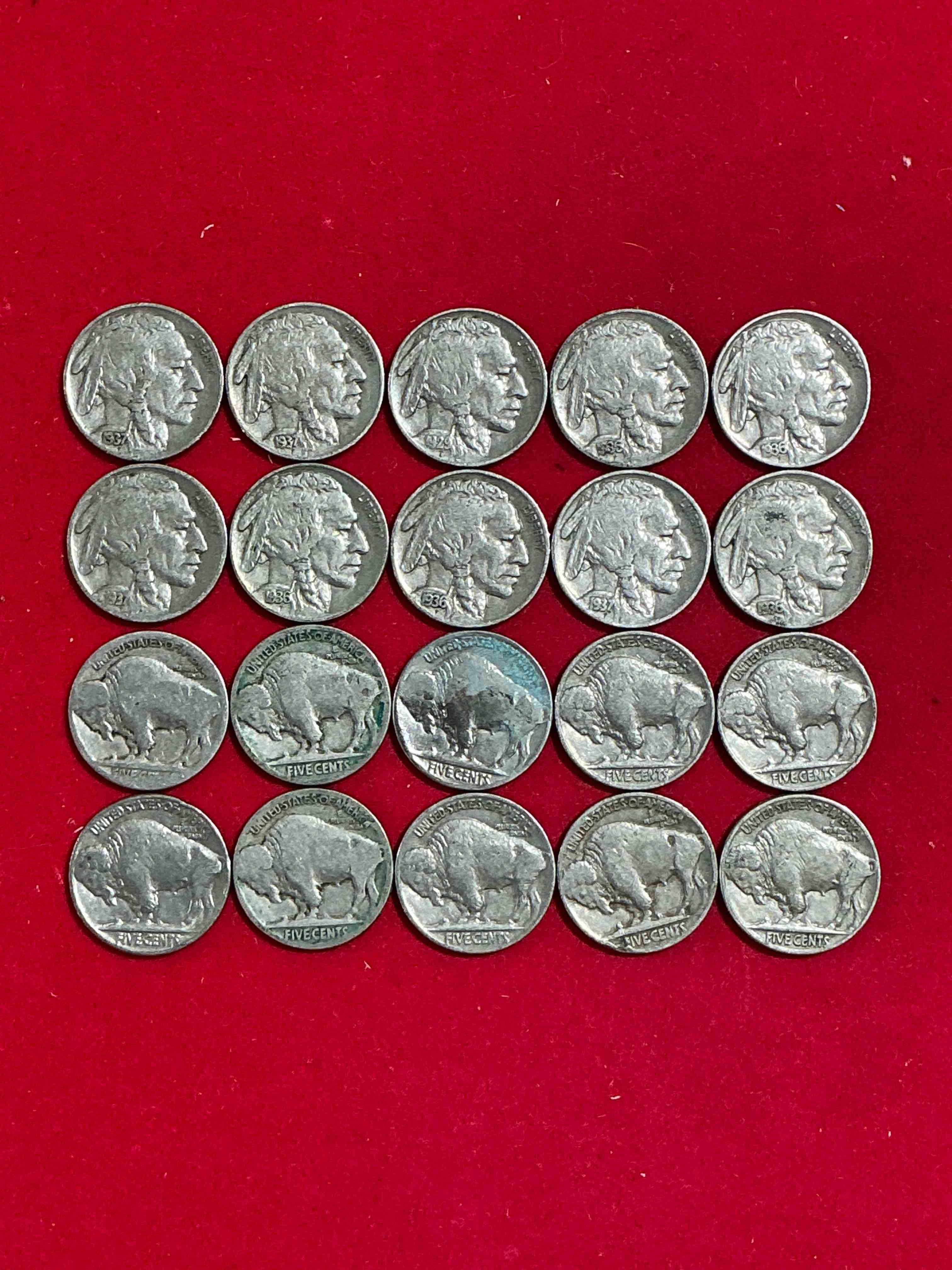 Condition photo showing Good Condition for Historic Buffalo Nickels! Indian Head Buffalo Nickels Were Minted From 1913 To 1938 & Have Become A Favorite For Coin Collectors Around The World! Own Pieces Of American History With These Cool Indian Head Buffalo Nickels In Circulated Condition, Most With Visible Dates Which Is Very Rare For Buffalo Nickels!