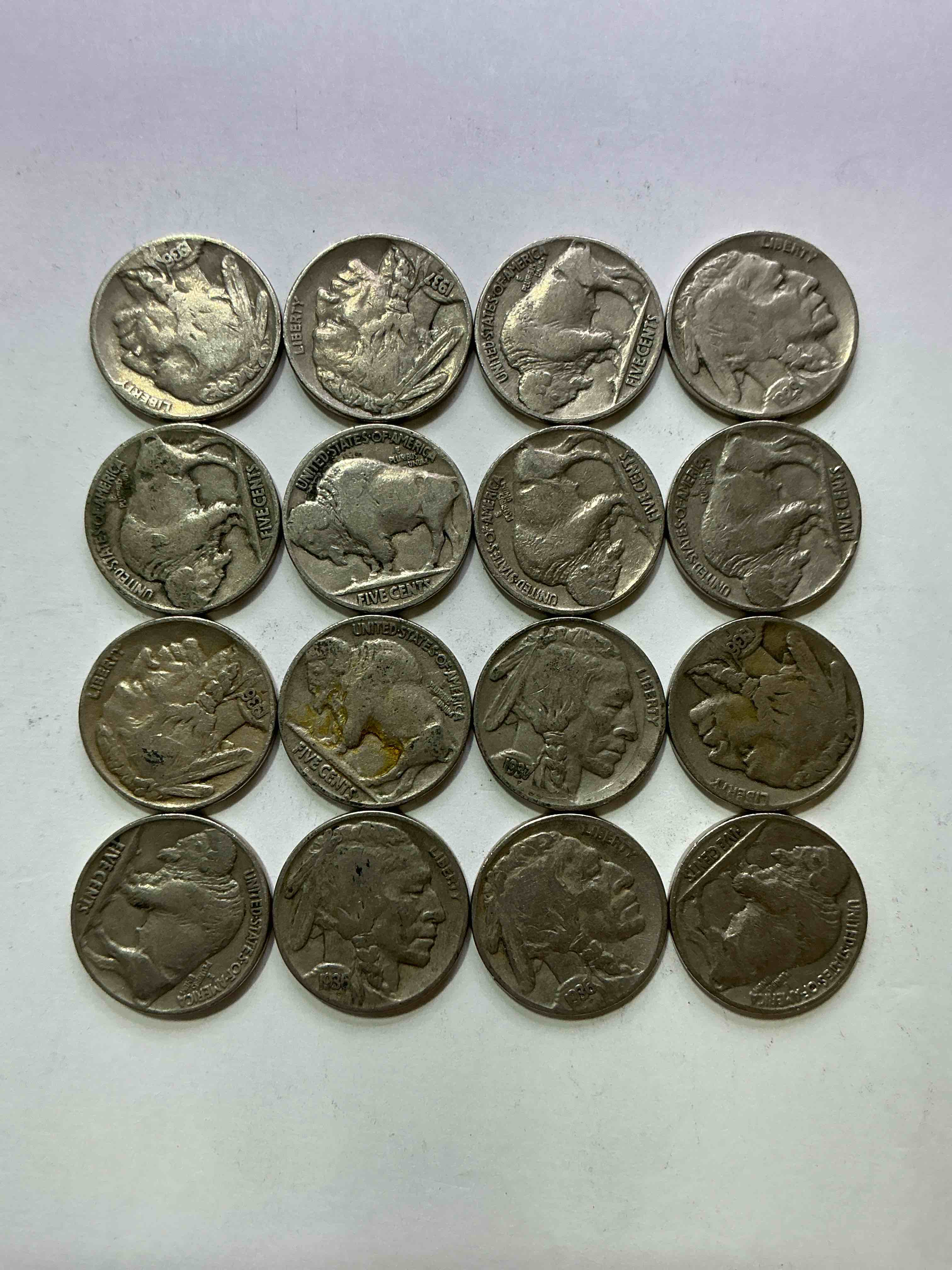 Condition photo showing Good Condition for Historic Buffalo Nickels! Indian Head Buffalo Nickels Were Minted From 1913 To 1938 & Have Become A Favorite For Coin Collectors Around The World! Own Pieces Of American History With These Cool Indian Head Buffalo Nickels In Circulated Condition, Most With Visible Dates Which Is Very Rare For Buffalo Nickels!
