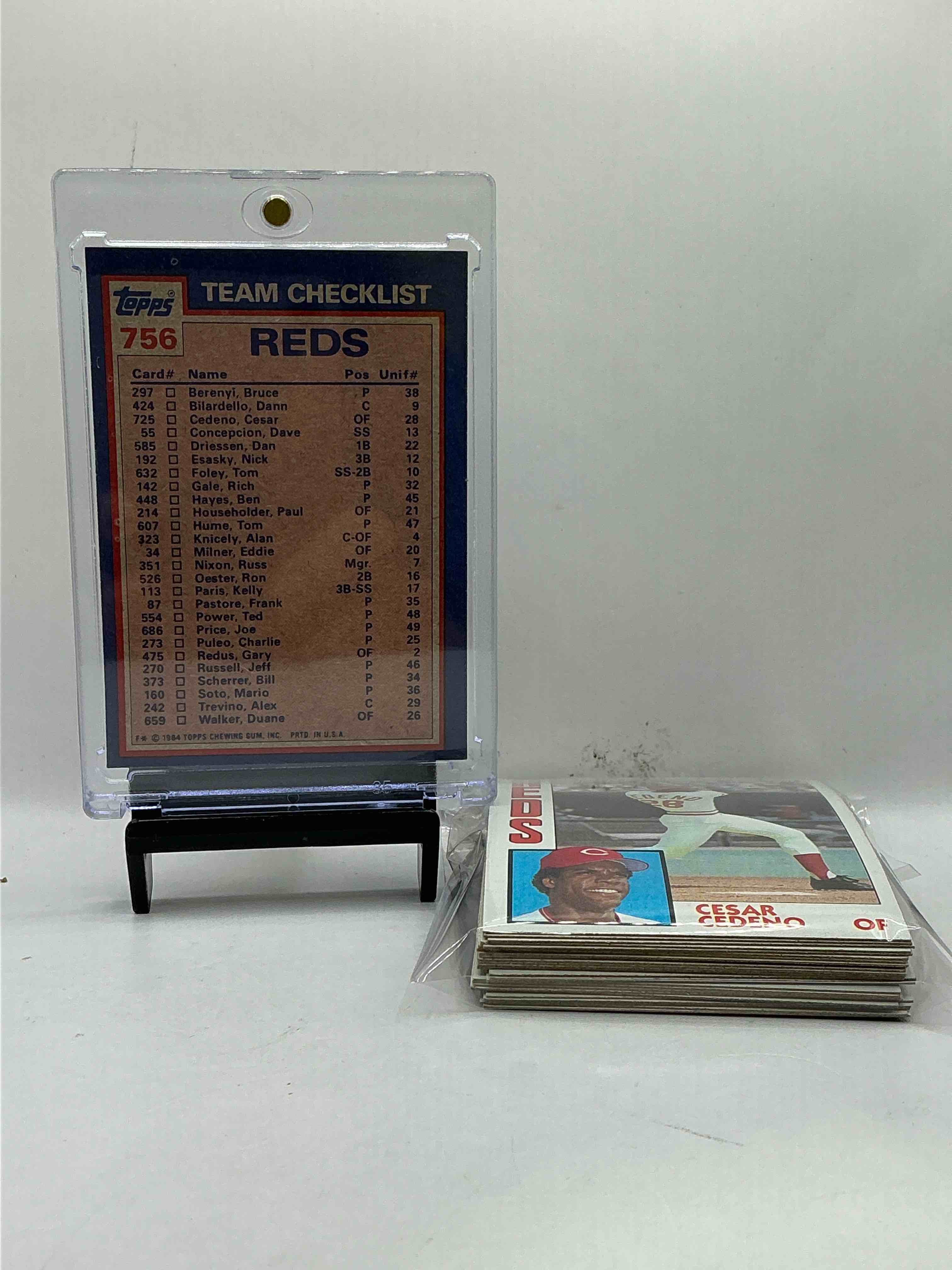 Condition photo showing New/Like New for 1984 Reds Topps Baseball Team Set! Vintage Reds Lot! Dave Concepción, Jeff Russell, Jeff, Russell, John Franco, Joe Price, Eddie Milner, Mario, Soto, Tony Perez, Ted Power & More… Cincinnati Reds! 