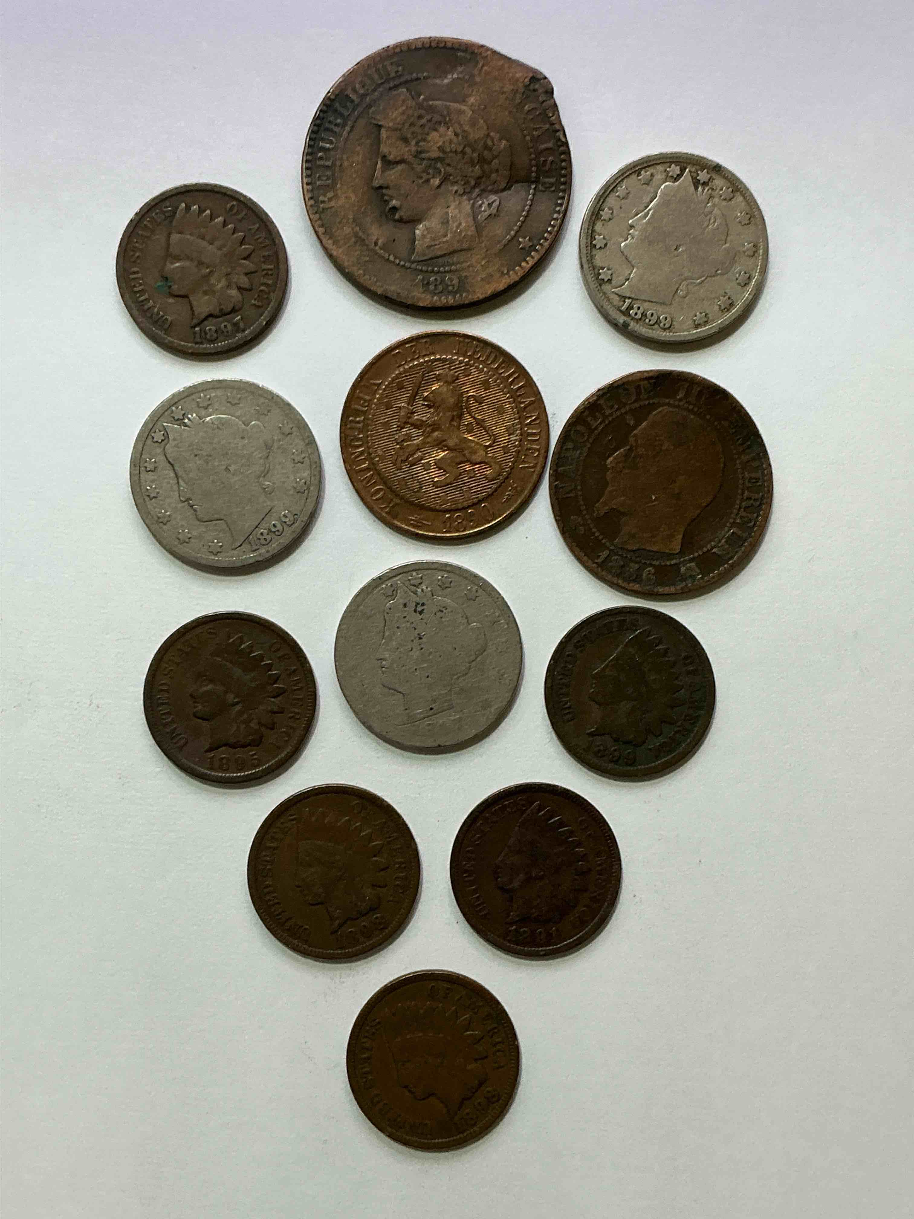 Condition photo showing Good Condition for Pre 1900’s Coins! V Nickels, Indian Head Pennies & More! 1800’s Coins! WOW How Rare! The Perfect Addition To Any Collection: