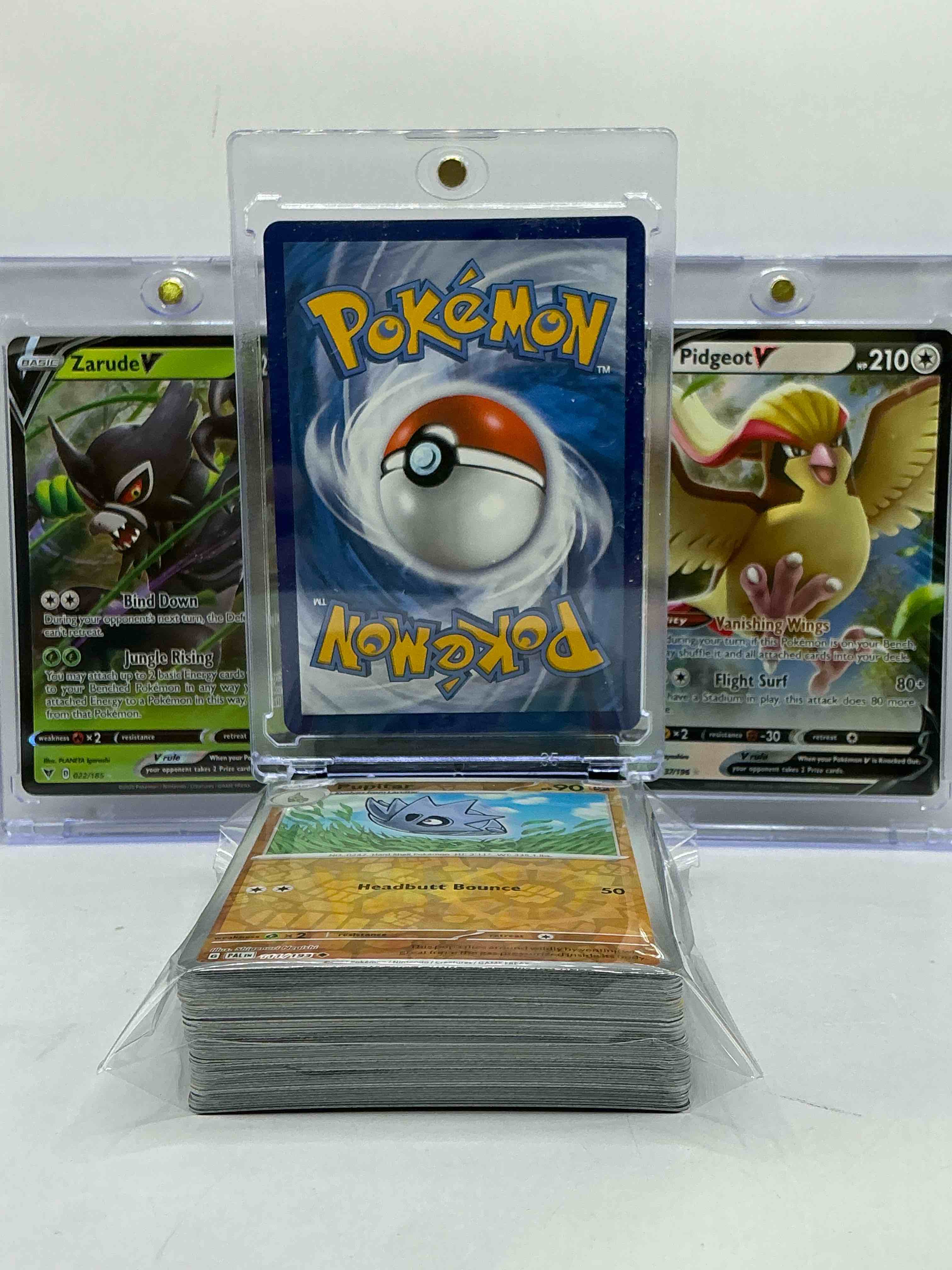 Condition photo showing New/Like New for Lucario V, Zarude V & Pidgeot V! Ow! Pokémon V Palooza! Insane Trio, This 50 Card Lot Includes Commons, Legends, Holos & More!