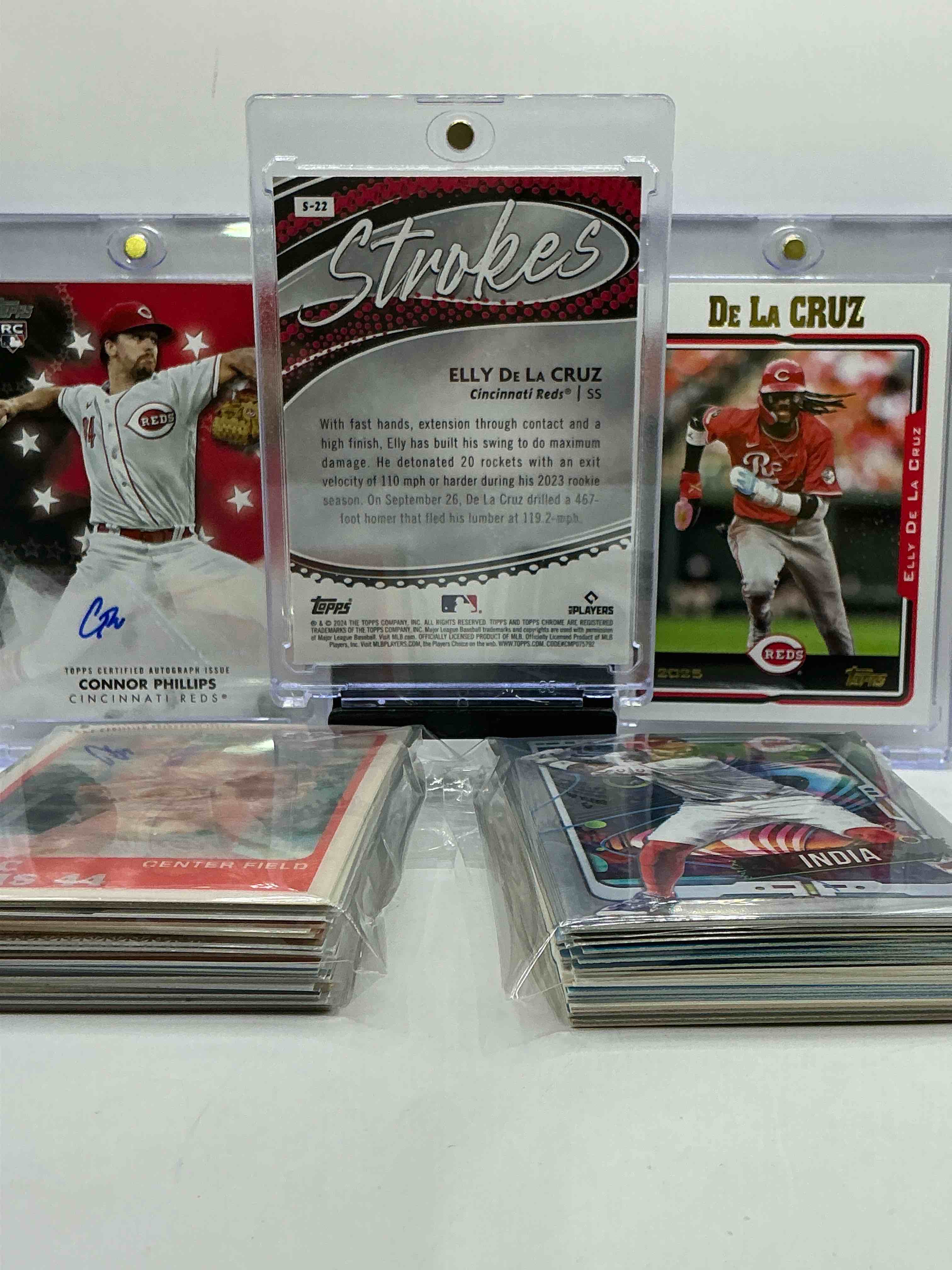 Condition photo showing New/Like New for Elly De La Cruz Topps Chromw Rookie, Topps Rookie Connor Phillips Autograph & More! Reds Craziness! This 50 Card Lot Includes, Vintage & New Reds! Rookies & More!