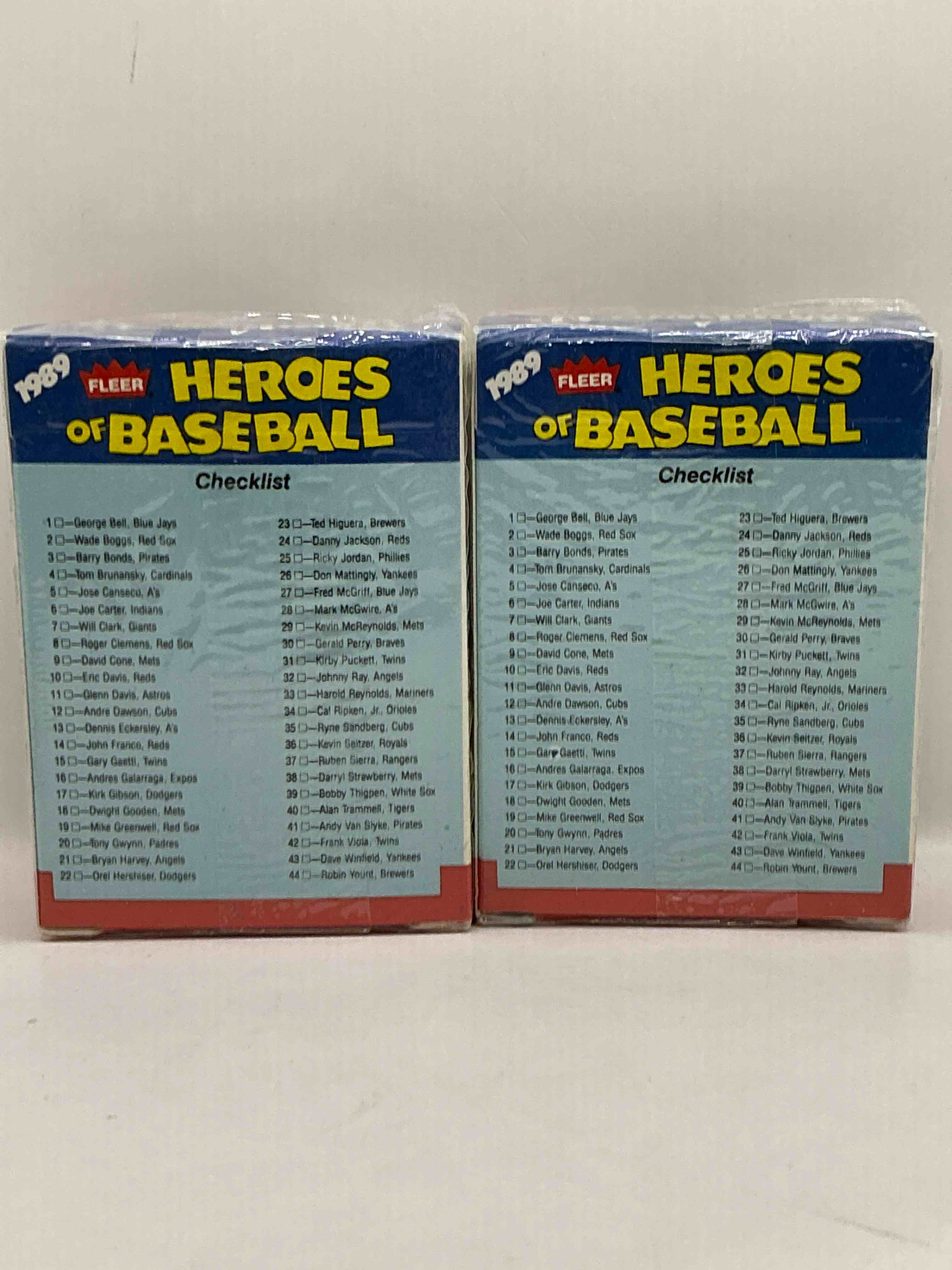 Condition photo showing New/Like New for 1989 Fleer Heroes Of Baseball Unopened Limited Edition Trading Cards, 44 Cards! George Bell, Wade Boggs, Barry Bonds, Eric Davis, Kirk Gibson, Tony Gwynn, Strawberry, Cal Ripken Jr, Don Mattingly & More!