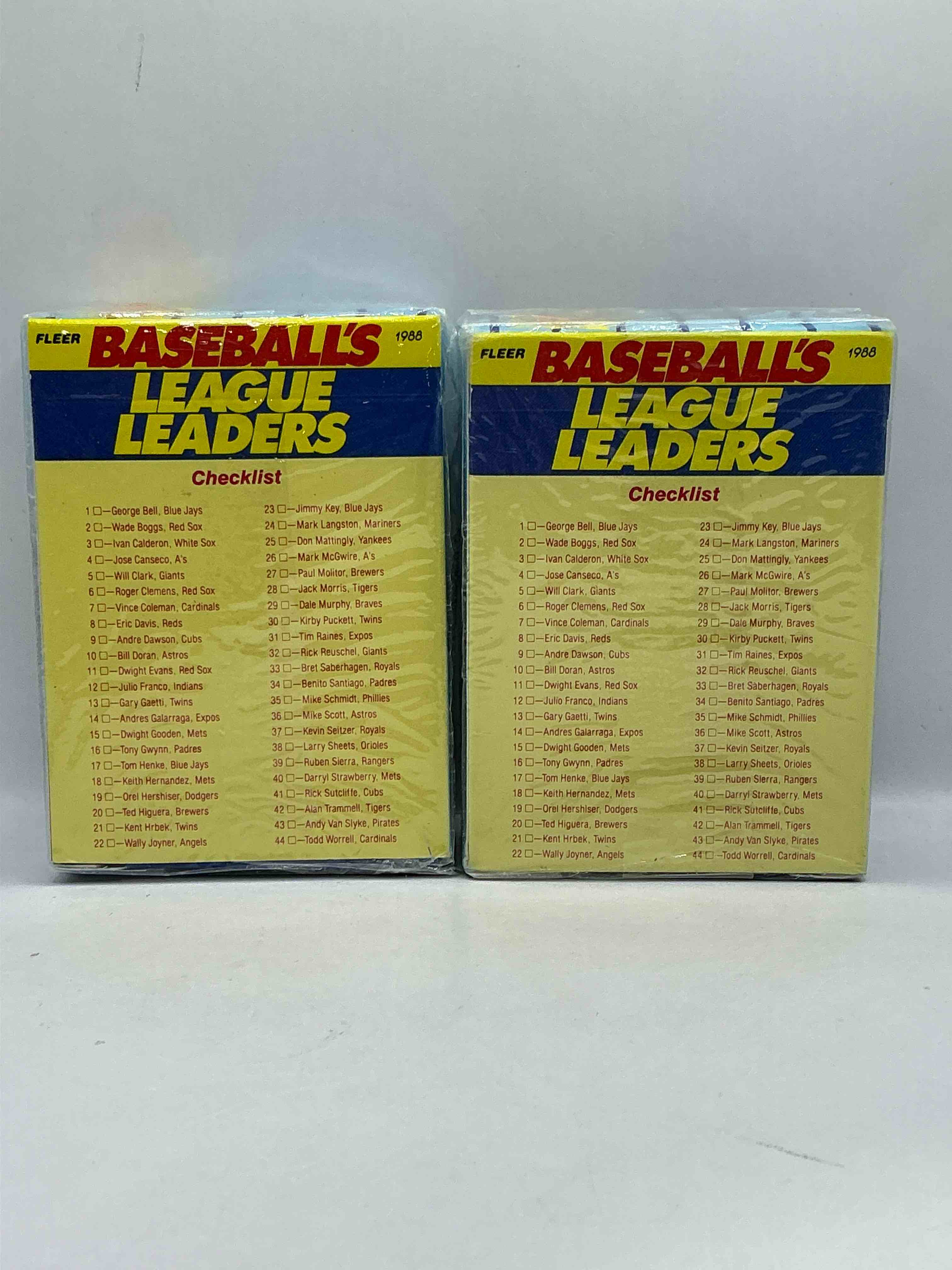 Condition photo showing New/Like New for Fleer 1988 Major League Base Balls League Leaders Logo & Trading Card Set! 44 Cards, George Bell, Eric Davis, Don Mattingly & More!