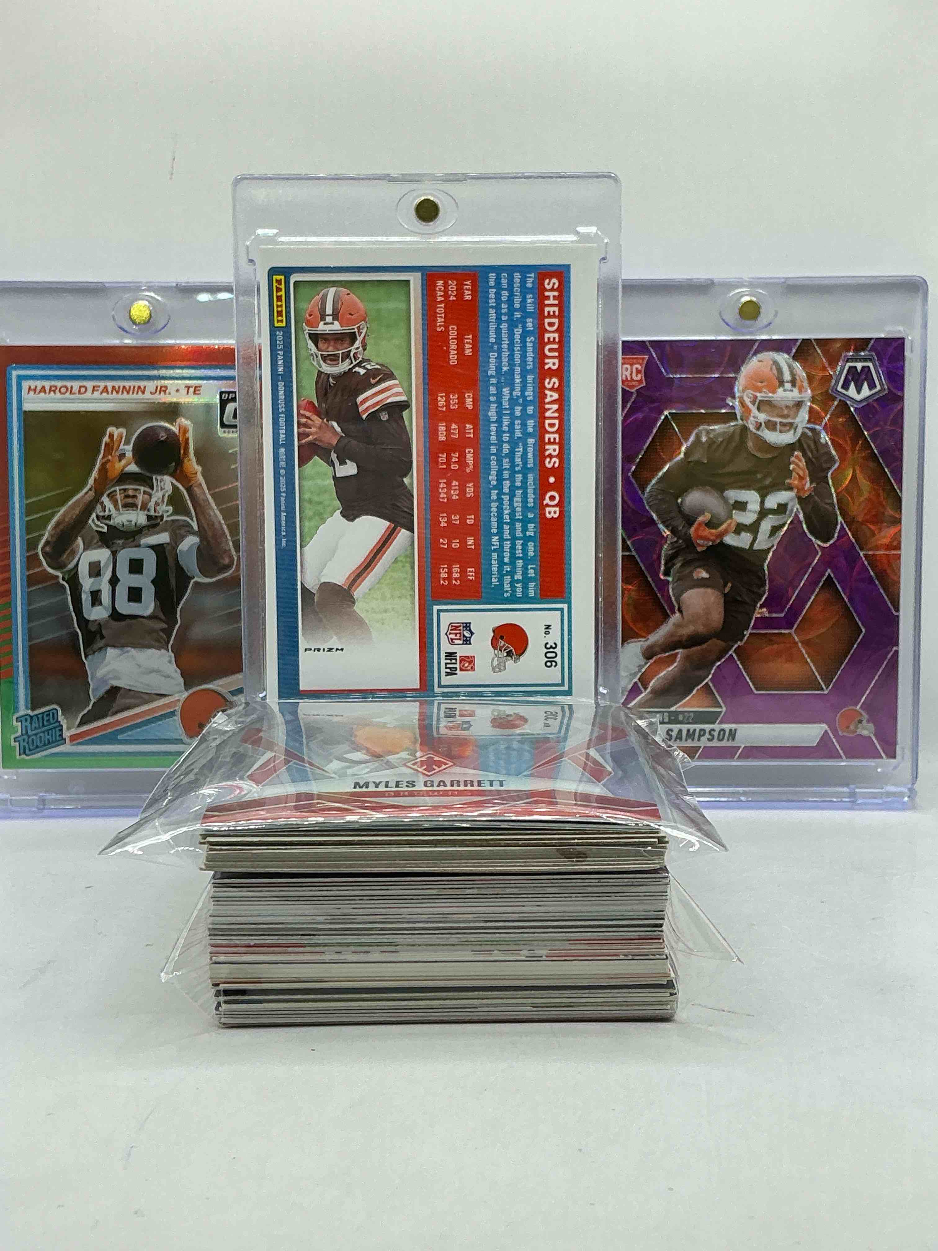 Condition photo showing New/Like New for Shedeur Sanders Pink Optic Prizm Rated Rookie Card, Dylan Sampson Rookie Purple Mosaic, Harold Fannin Optic Rated Rookie & More! Cleveland Browns Craziness! Insane Browns Bundle! 50 Card Lot, Vintage & New!