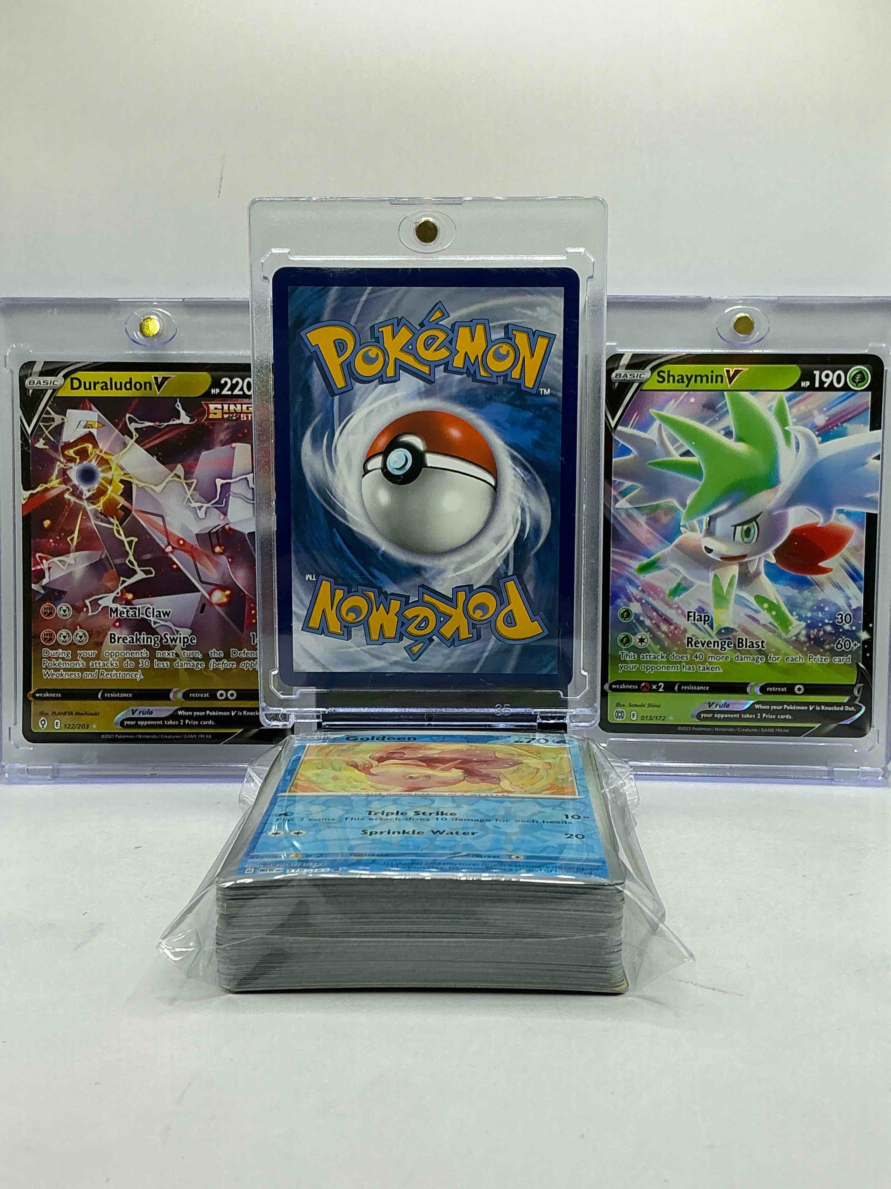 Condition photo showing New/Like New for Lucario V Holo, Duraludon V Holo, Shaymin V Holos & More! Insane Trio! Holos, Legends, Commons & More! Pokémon Palooza! 50 Card Lot!