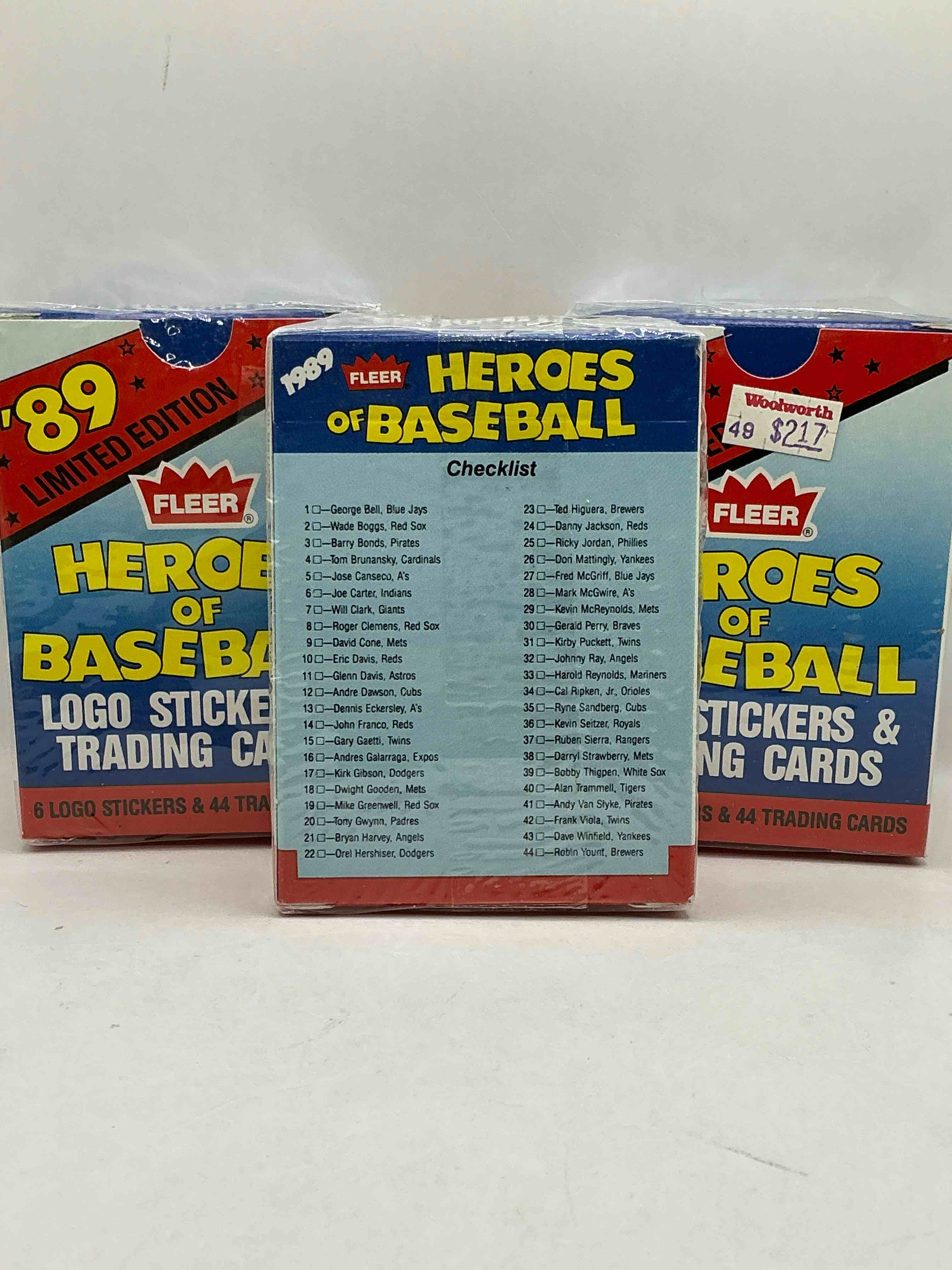 Condition photo showing New/Like New for 1989 Fleer Heroes Of Baseball Unopened Limited Edition Trading Cards, 44 Cards! George Bell, Wade Boggs, Barry Bonds, Eric Davis, Kirk Gibson, Tony Gwynn, Strawberry, Cal Ripken Jr, Don Mattingly & More!