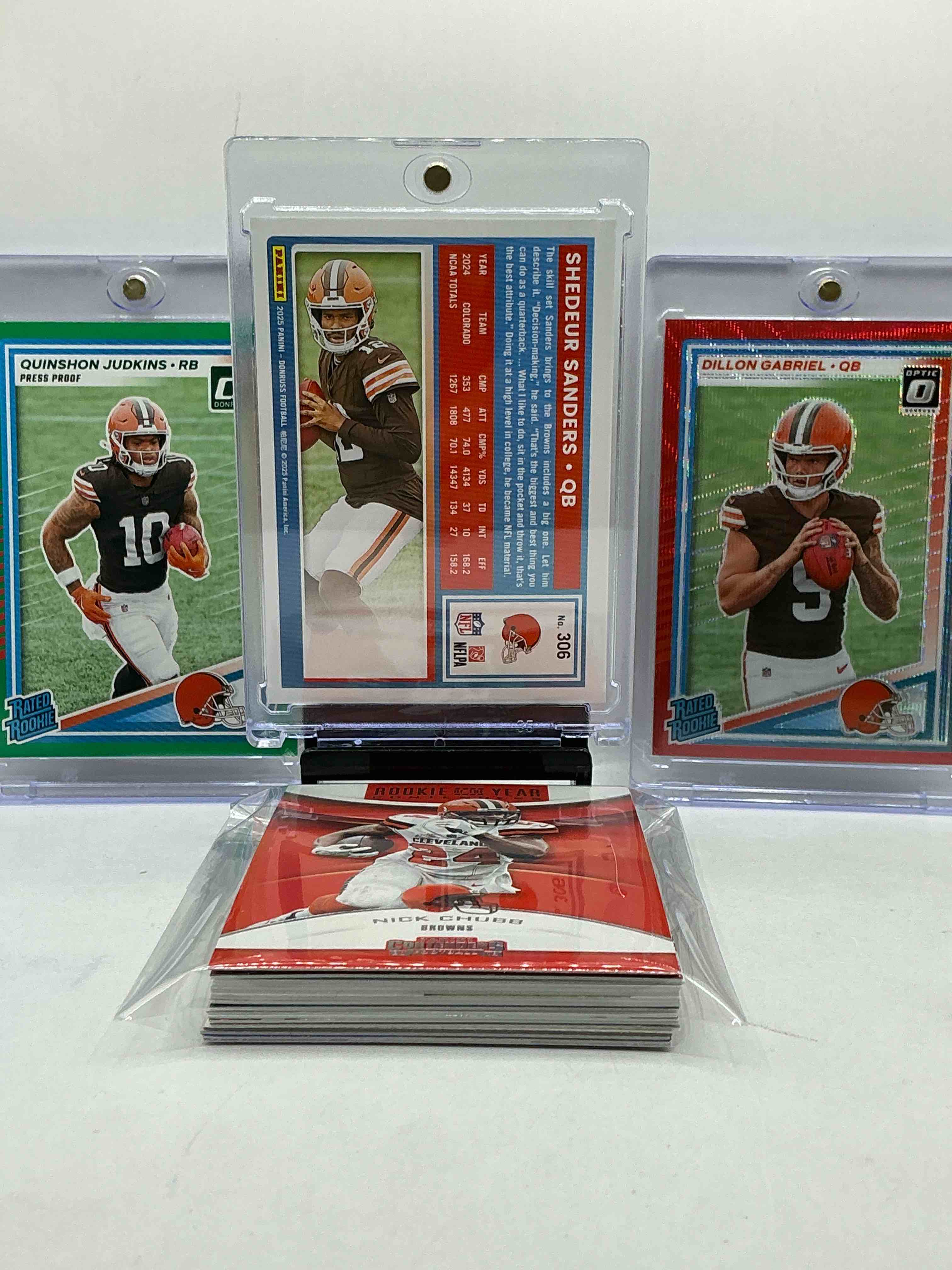 Condition photo showing New/Like New for Shedeur Sanders, Quinshon Judkins & Dillon Gabriel! Browns Bonanza! Green Donruss & Red Optic Rated Rookie! Browns 20 Card Lot! WOW! 