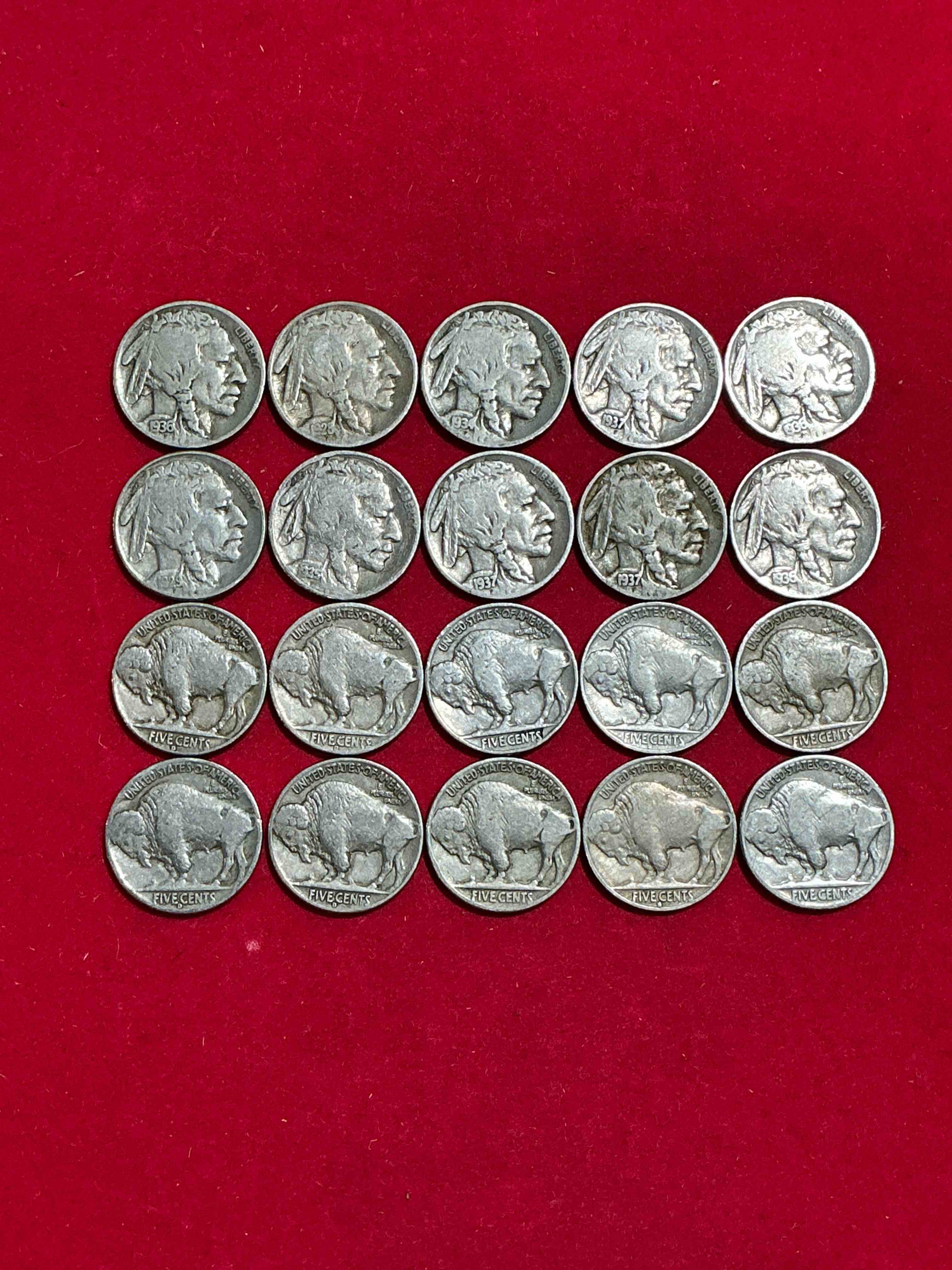 Condition photo showing Good Condition for Historic Buffalo Nickels! Indian Head Buffalo Nickels Were Minted From 1913 To 1938 & Have Become A Favorite For Coin Collectors Around The World! Own Pieces Of American History With These Cool Indian Head Buffalo Nickels In Circulated Condition, Most With Visible Dates Which Is Very Rare For Buffalo Nickels!