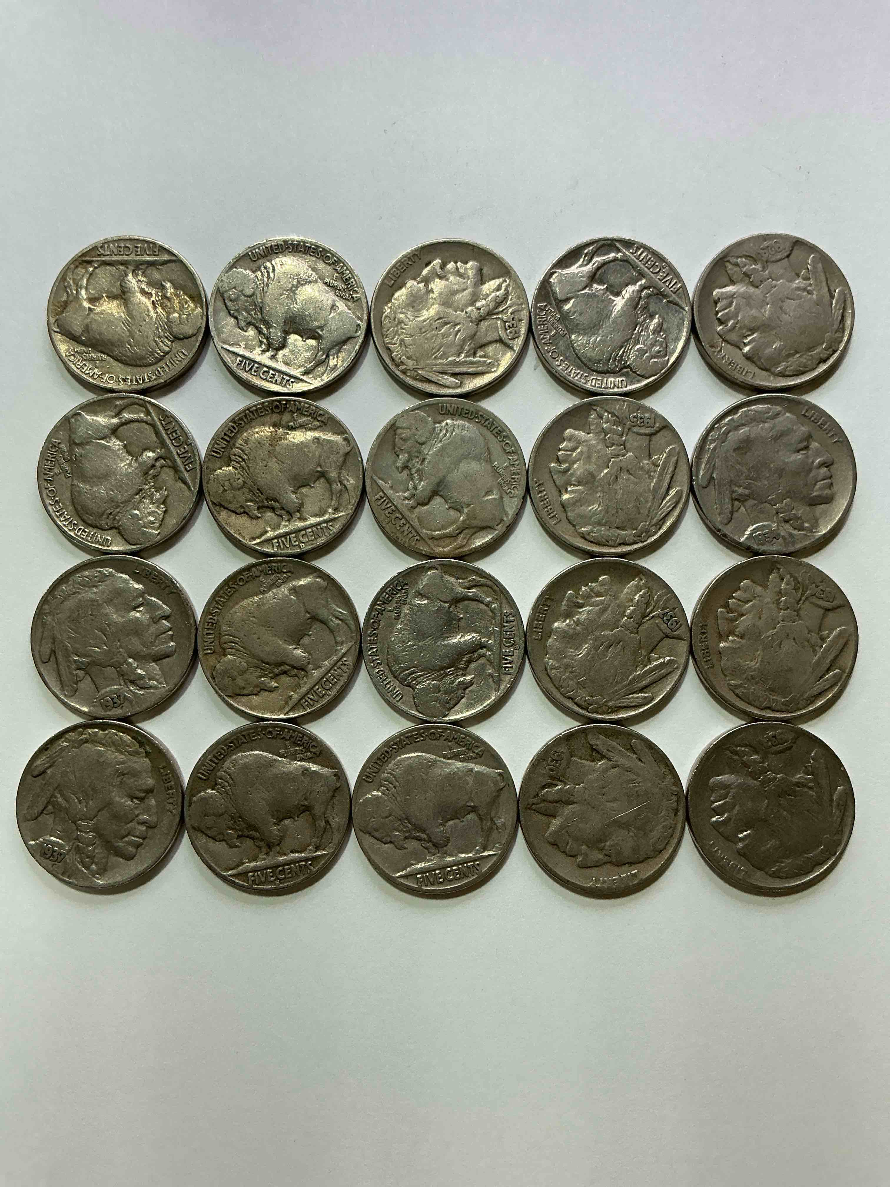 Condition photo showing Good Condition for Historic Buffalo Nickels! Indian Head Buffalo Nickels Were Minted From 1913 To 1938 & Have Become A Favorite For Coin Collectors Around The World! Own Pieces Of American History With These Cool Indian Head Buffalo Nickels In Circulated Condition, Most With Visible Dates Which Is Very Rare For Buffalo Nickels!