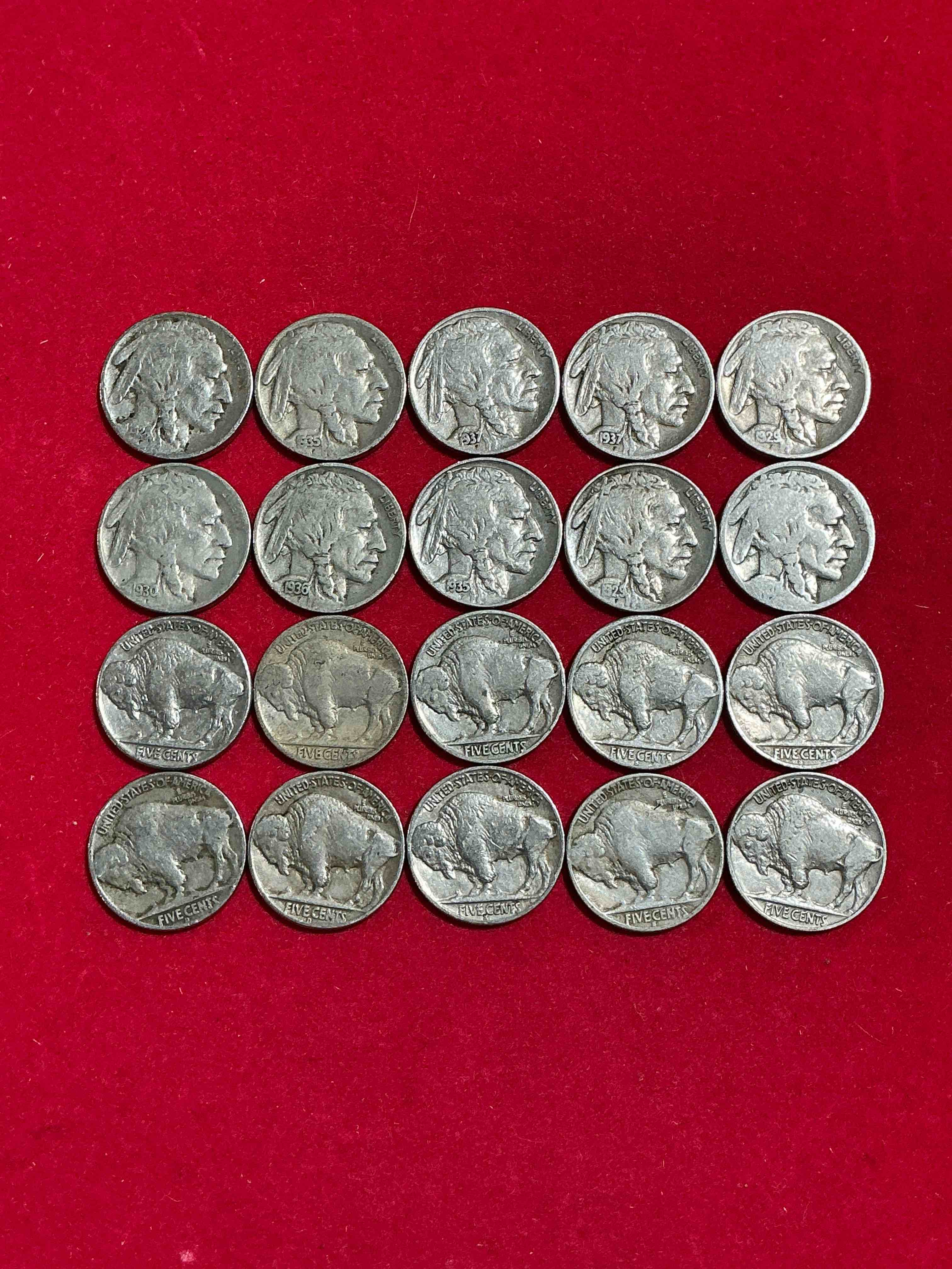 Condition photo showing Good Condition for Historic Buffalo Nickels! Indian Head Buffalo Nickels Were Minted From 1913 To 1938 & Have Become A Favorite For Coin Collectors Around The World! Own Pieces Of American History With These Cool Indian Head Buffalo Nickels In Circulated Condition, Most With Visible Dates Which Is Very Rare For Buffalo Nickels!