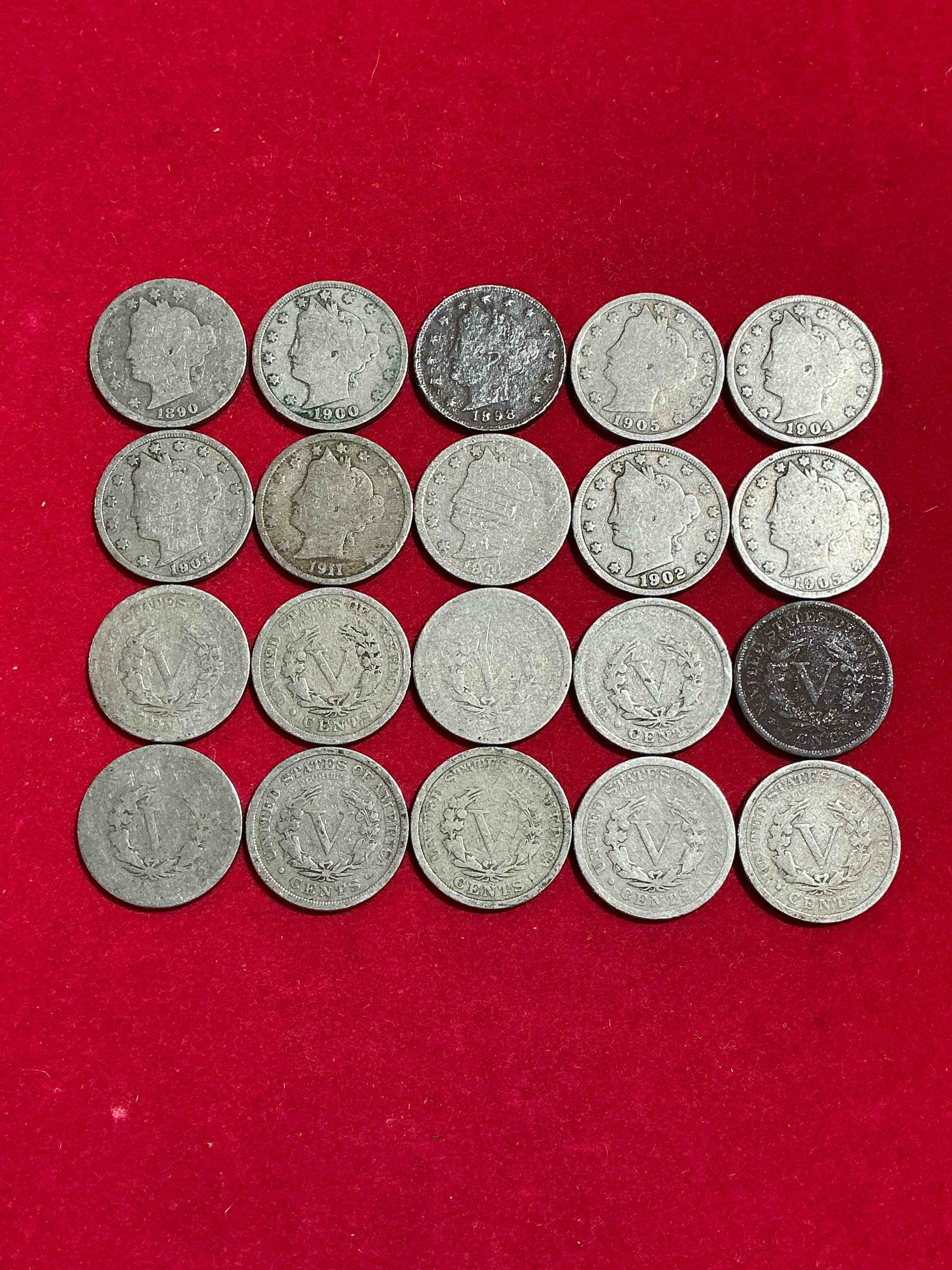 Condition photo showing Good Condition for Antique U.S. V Nickels! Think Of The History These Coins Have Seen!, Liberty Head V Nickels Were Minted Up Until 1913 & Were The Style Of Nickels Before Buffalo Nickels. Own Some Cool Pieces Of History! Rare To See These Coins With The "Date On" In Circulated Condition!