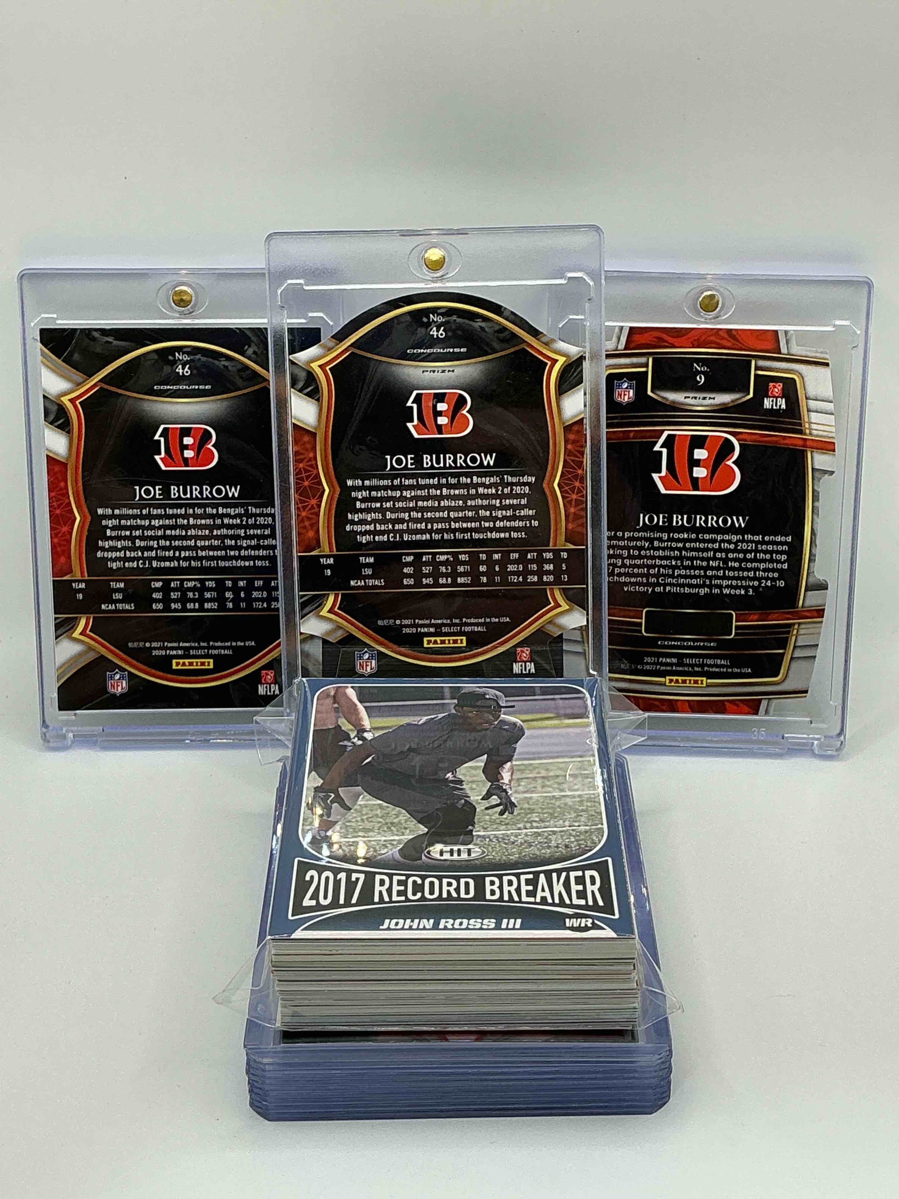 Condition photo showing New/Like New for Bengals Bonanza! 2020 Select Prizm Concourse Die-Cut Rookie Joe Burrow! 2021 Select Prizm Concourse Die-Cut Joe Burrow! 2020 Select Base Rookie Joe Burrow! Along With 50 Other Bengals Rookies, Legends, Heroes & Commons!