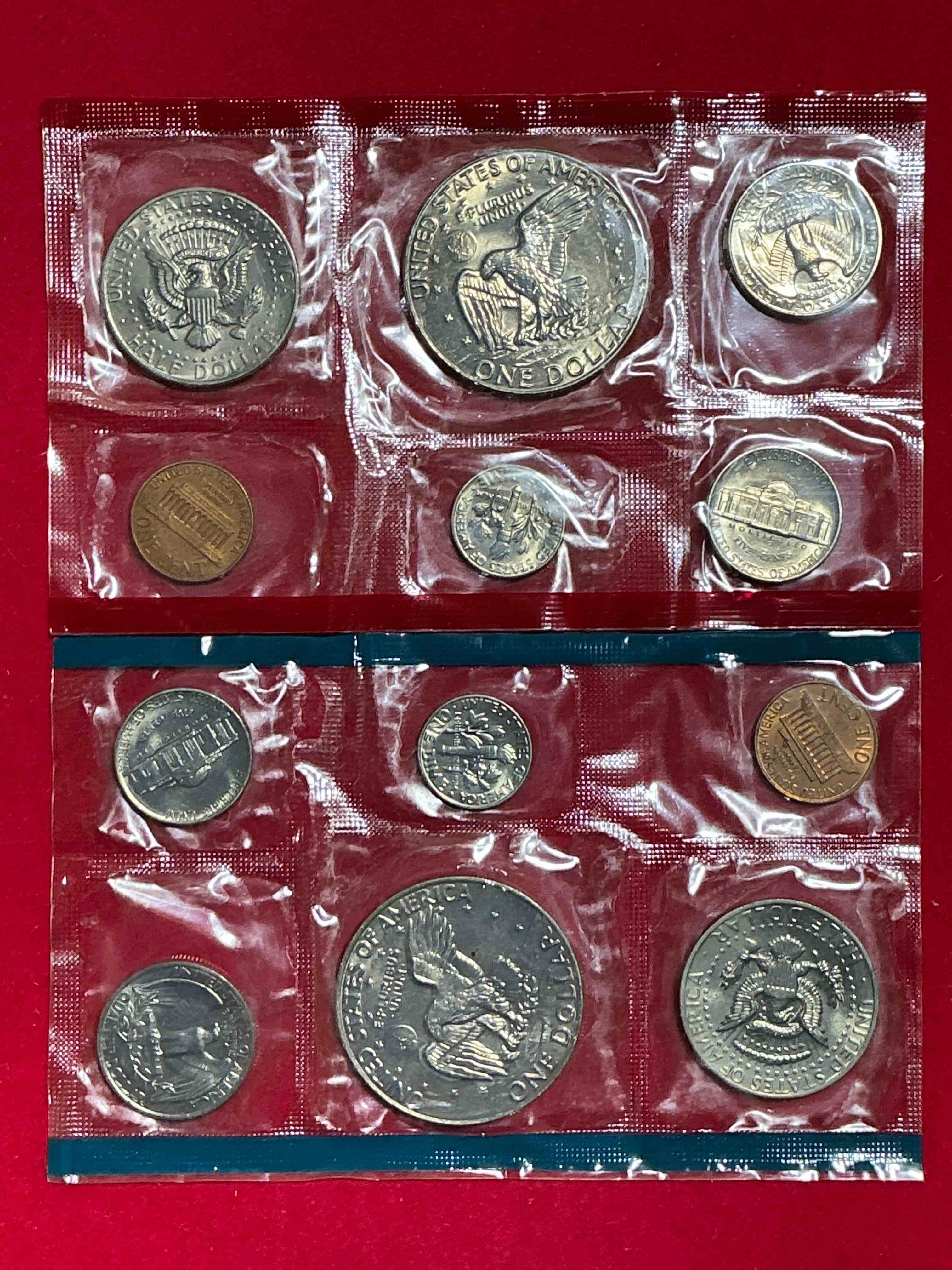 Condition photo showing New/Like New for 1977 Mint Coins, 12 Coin Denver & Philadelphia Mint! Eisenhower Dollar Coins, Half Dollars, Quarters, Dimes, Nickels & Pennies! Wow!