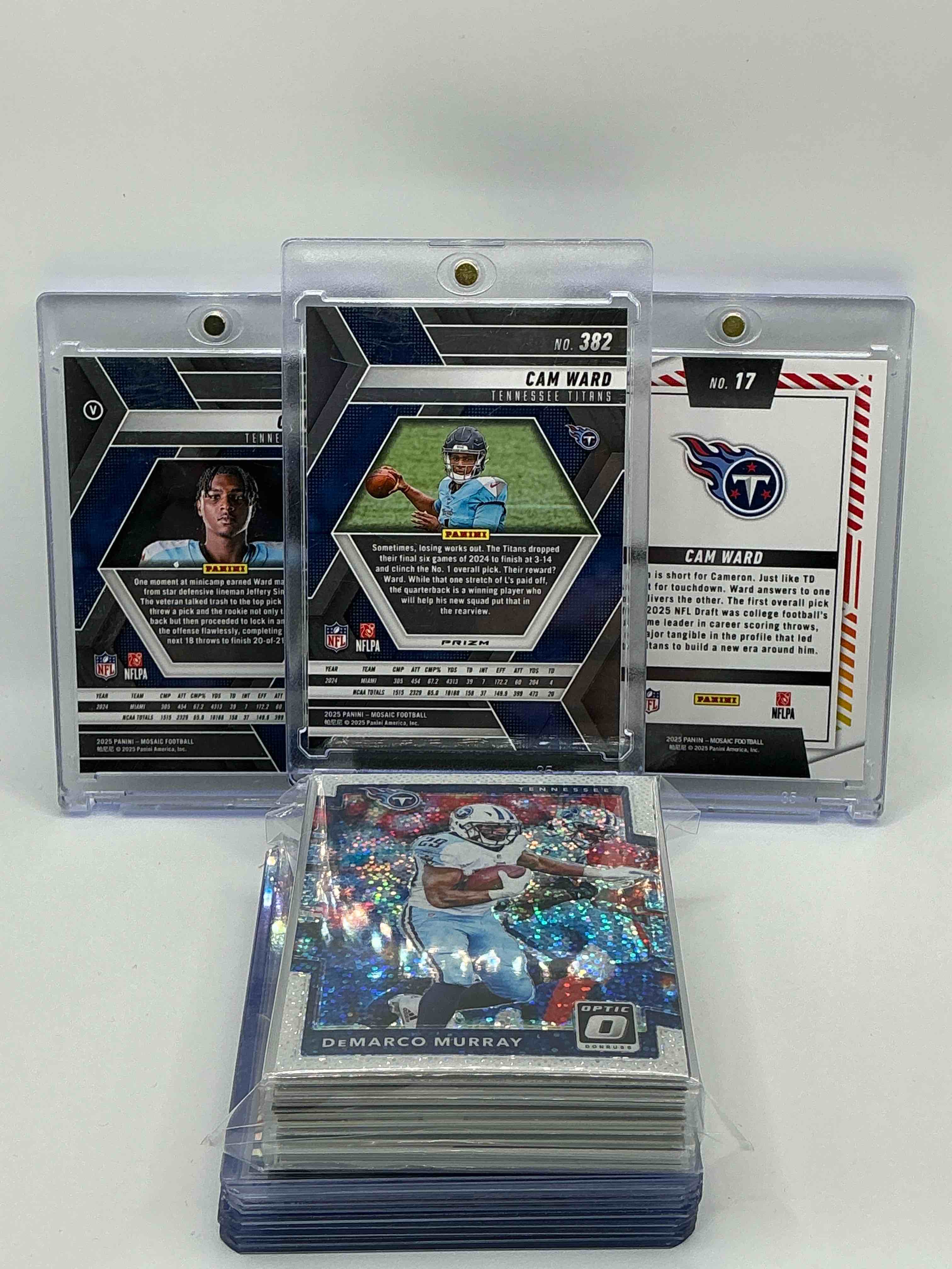Condition photo showing New/Like New for Tennessee Titans Craziness! 2025 Mosaic Rare Candy Cane Silver Prizm Rookie Cam Ward! 2025 Mosaic “Men Of Mastery” Rookie Cam Ward! 2025 Mosaic Rookie Cam Ward! Along With 40 Other Titans Heroes, Legends, Rookies & Commons!