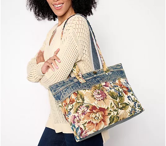 Condition photo showing New/Like New for patricia nash denim & floral tapestry ambrose tote burgundy 
