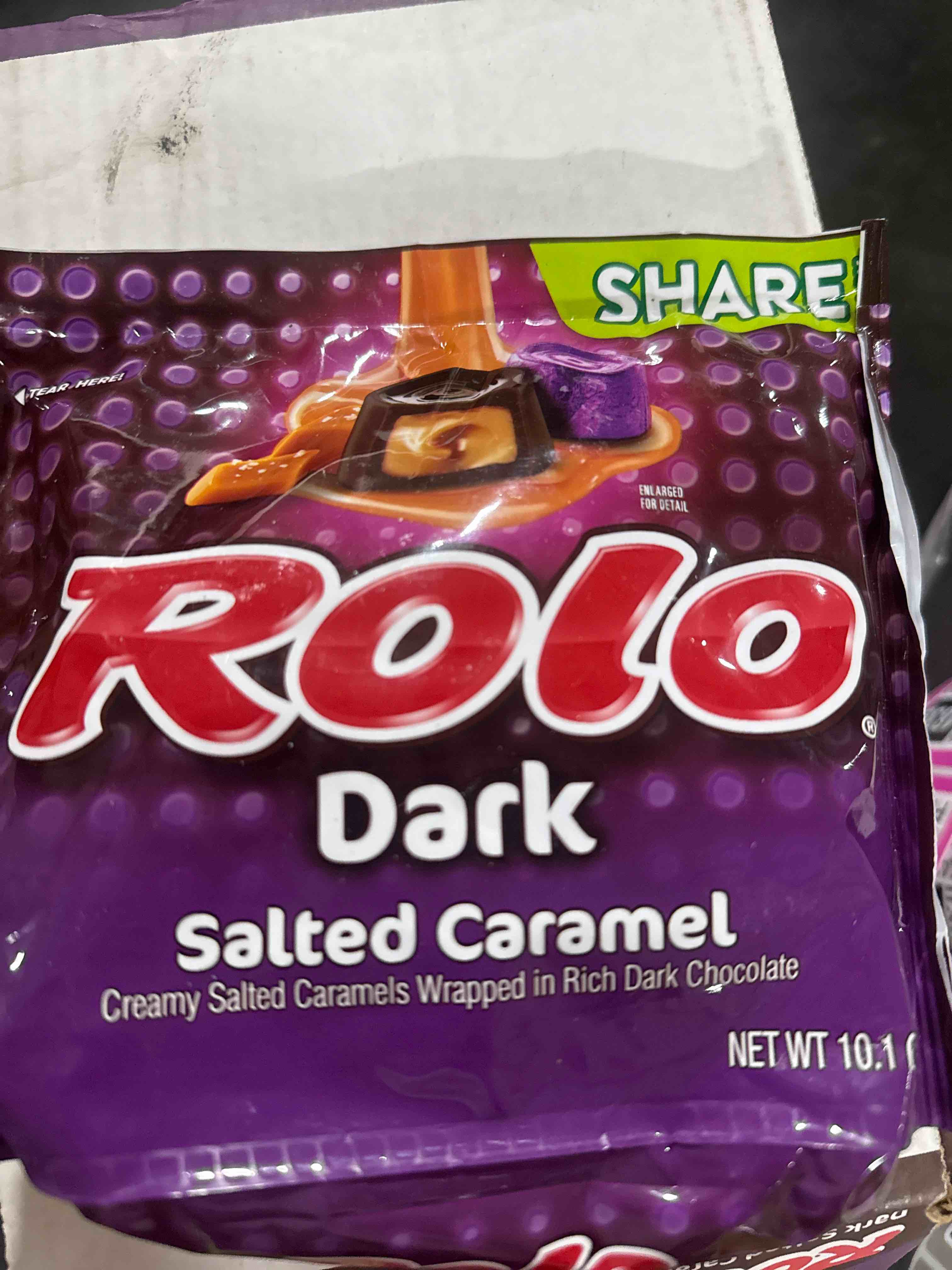 Condition photo showing Brand New for case of six best by 05 2025 rolo® dark chocolate salted caramel candy share pack 10.1 oz