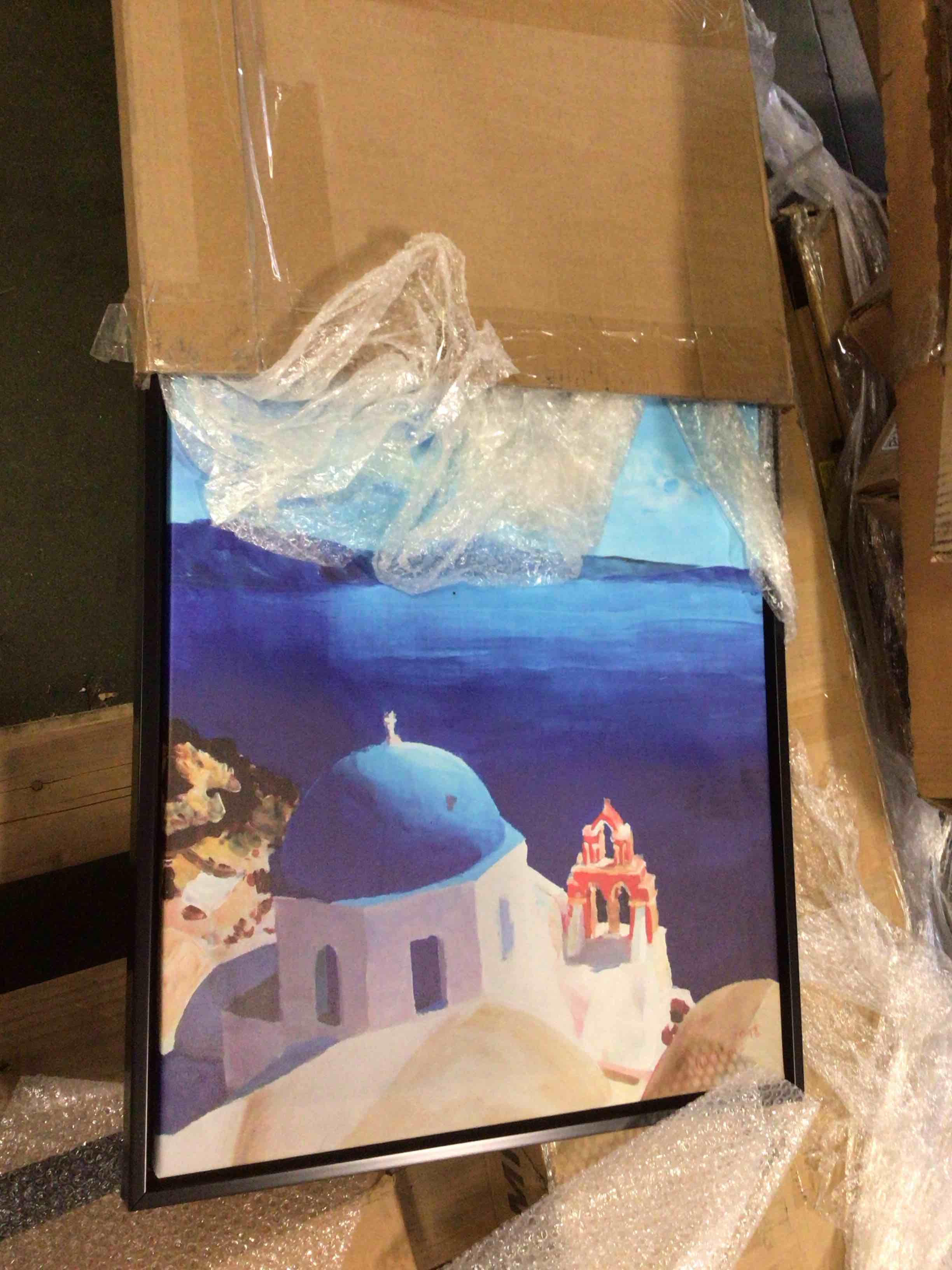 Condition photo showing Good Condition for marcus/martina bleichner ''all blue santorini oia greece with cruise ship'' gallery wrapped floater-framed canvas, 32x24