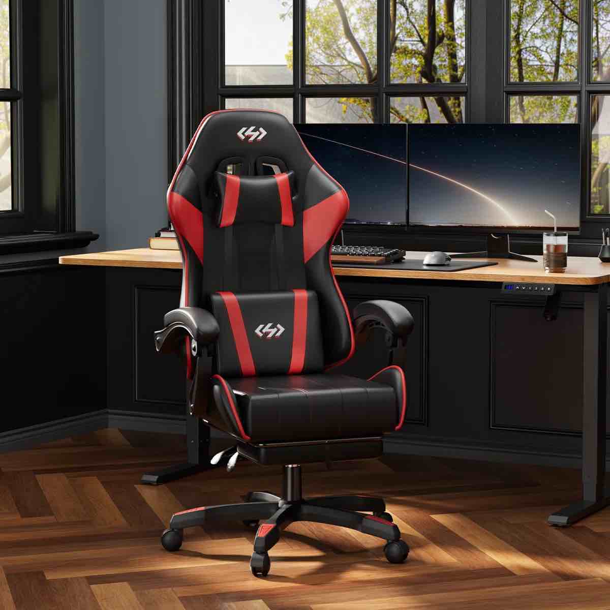 Gaming Chair, Ergonomic Computer Office Chair with Lumbar Support Footrest Headrest, Adjustable Height & Backrest Angle Video Gamer Chair, PU Leather, 360° Swivel, Adult, Black and Red
