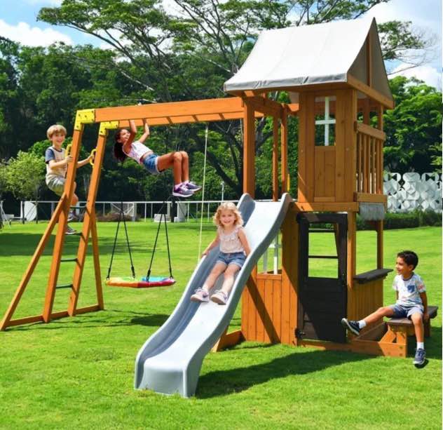 (Incomplete) KloKick Cedar Wooden Swing Set with 8' Wave Slide, Metal Monkey Bar, Clubhouse, Playhouse, and Snack Bar Window