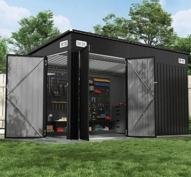 IMCOMPLETE BaPiPro 14x7 FT Lean-to Metal Storage Shed, Outdoor Lockable Shed with Triple Doors & Vents for Garden, Backyard, PatioGrey