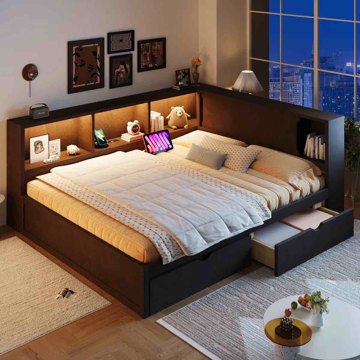 Wood Daybed with Shelves, USB Ports, LED Lighting & 2 Drawers