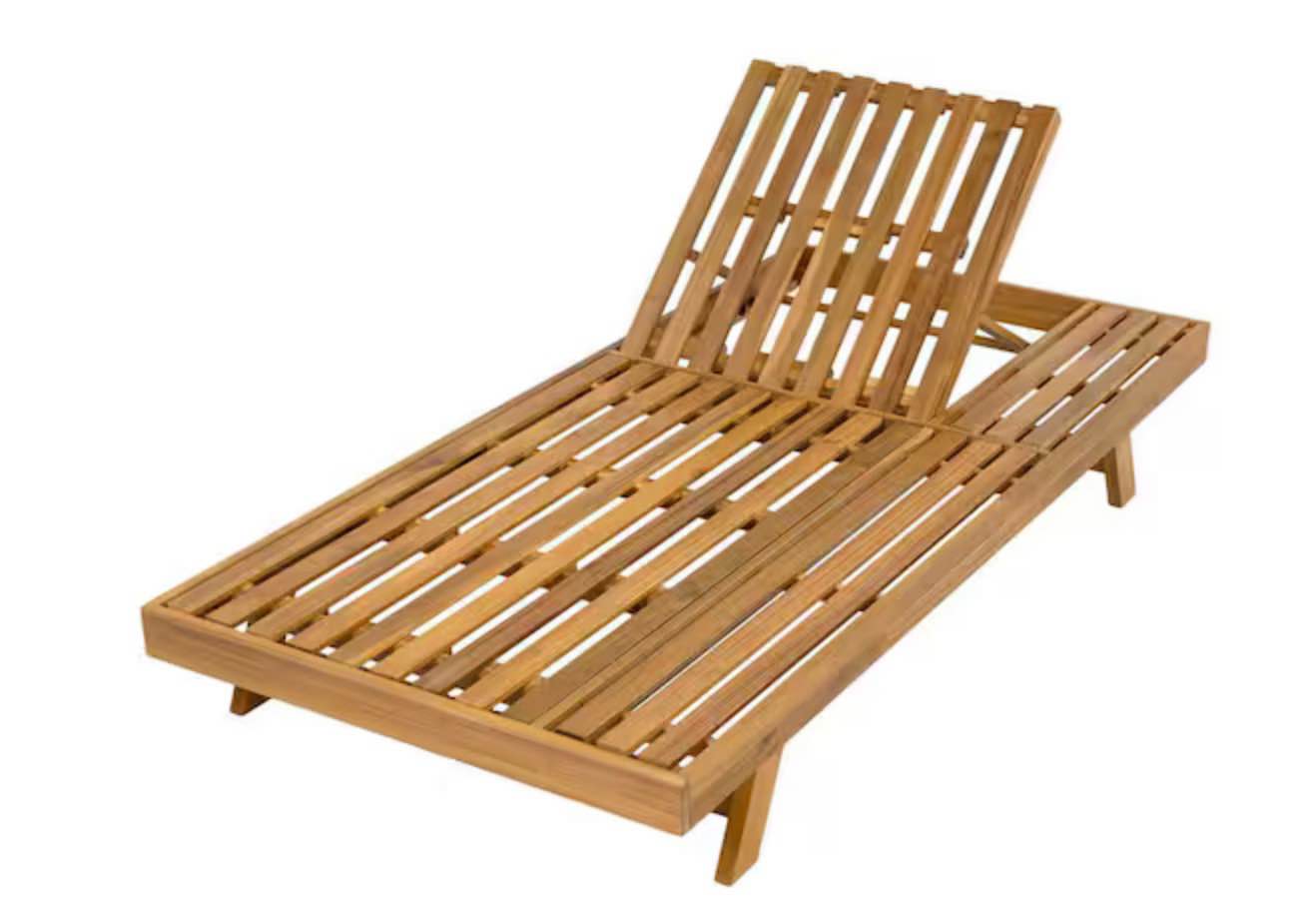Teak Finish Adjustable Outdoor Chaise Lounge, Adjustable Backrest & Flat Storage Surface Uncushioned
