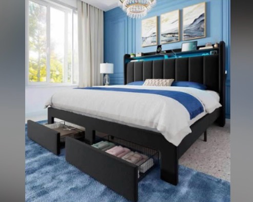 Similar Q71-Velvet Vertical Tufted Queen Upholstered Platform Bed Frame with 2-Tier LED Storage Headboard