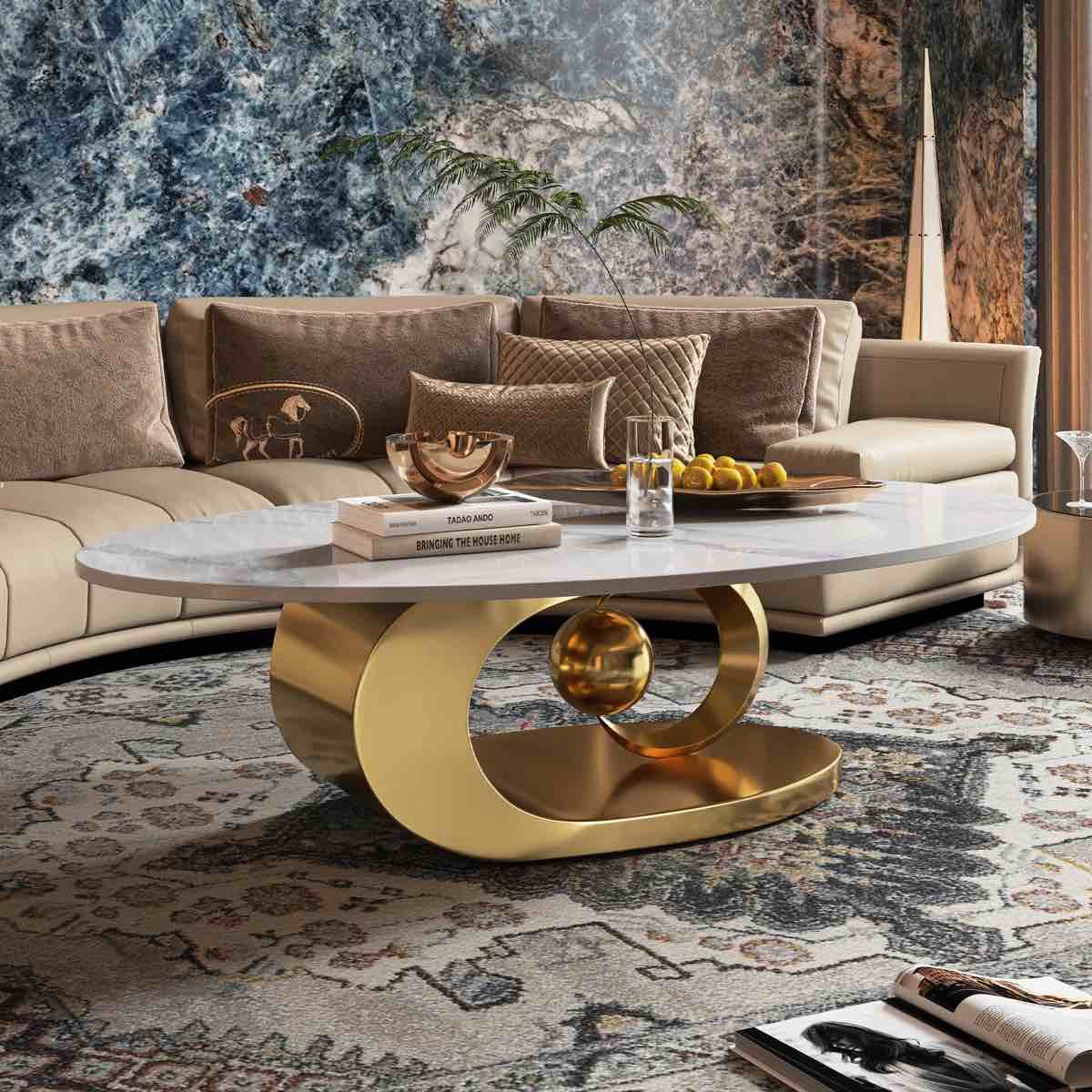 Gold Stainless Steel Base with Abstract Fantastic Midsize Sphere Crescent-Shaped Design