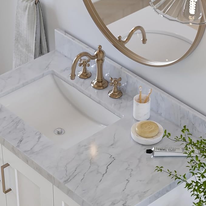ARIEL 37" White Bathroom Vanity, 1.5" Edge Italian Carrara Marble Countertop
