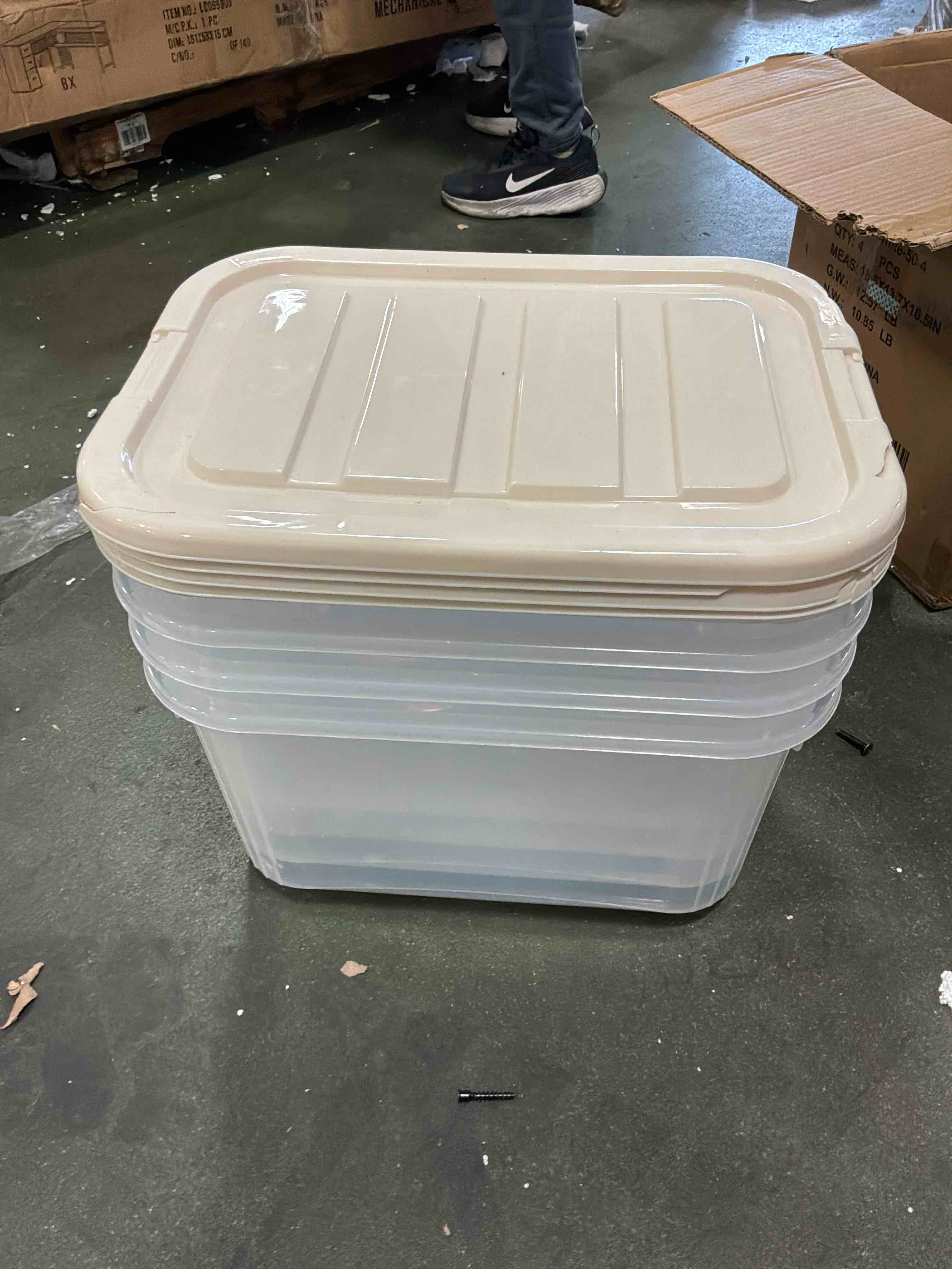 Condition photo showing Good Condition for sterilite set of (4) storage bins, clear plastic storage 