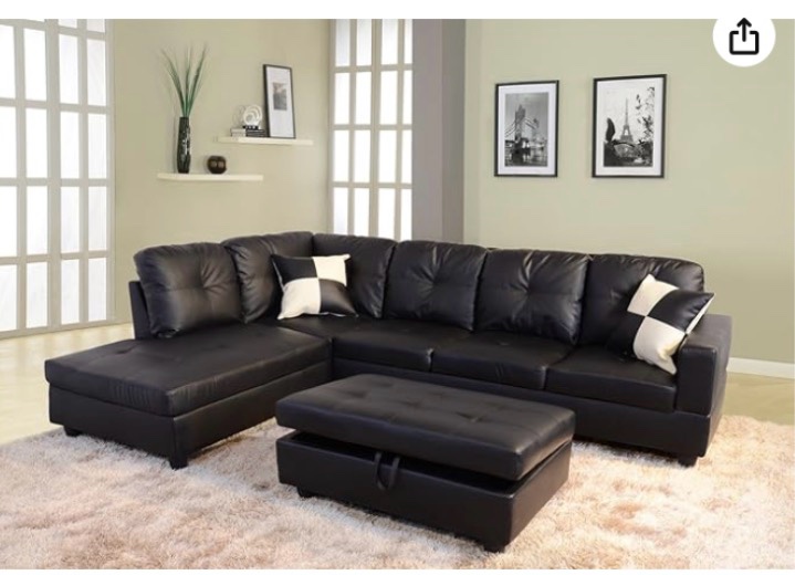 Life Style Furniture Left Facing Russes Sectional Sofa Set With Ottoman, Black ( only Right Arm sofá and left Arm chaise ) 