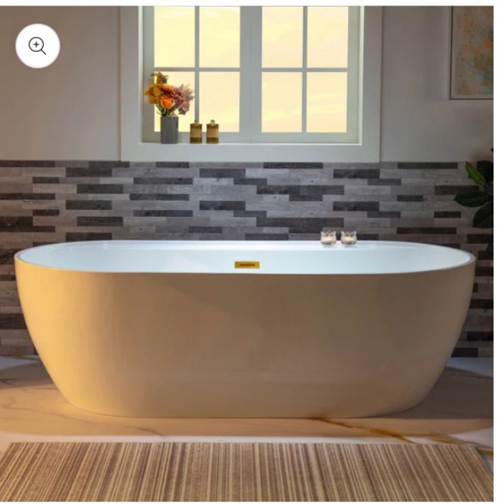 WoodBridge B0059 72" White Acrylic Freestanding Contemporary Soaking Bathtub With Brushed Gold Overflow, Drain, F0026BGVT Tub Filler and Caddy Tray