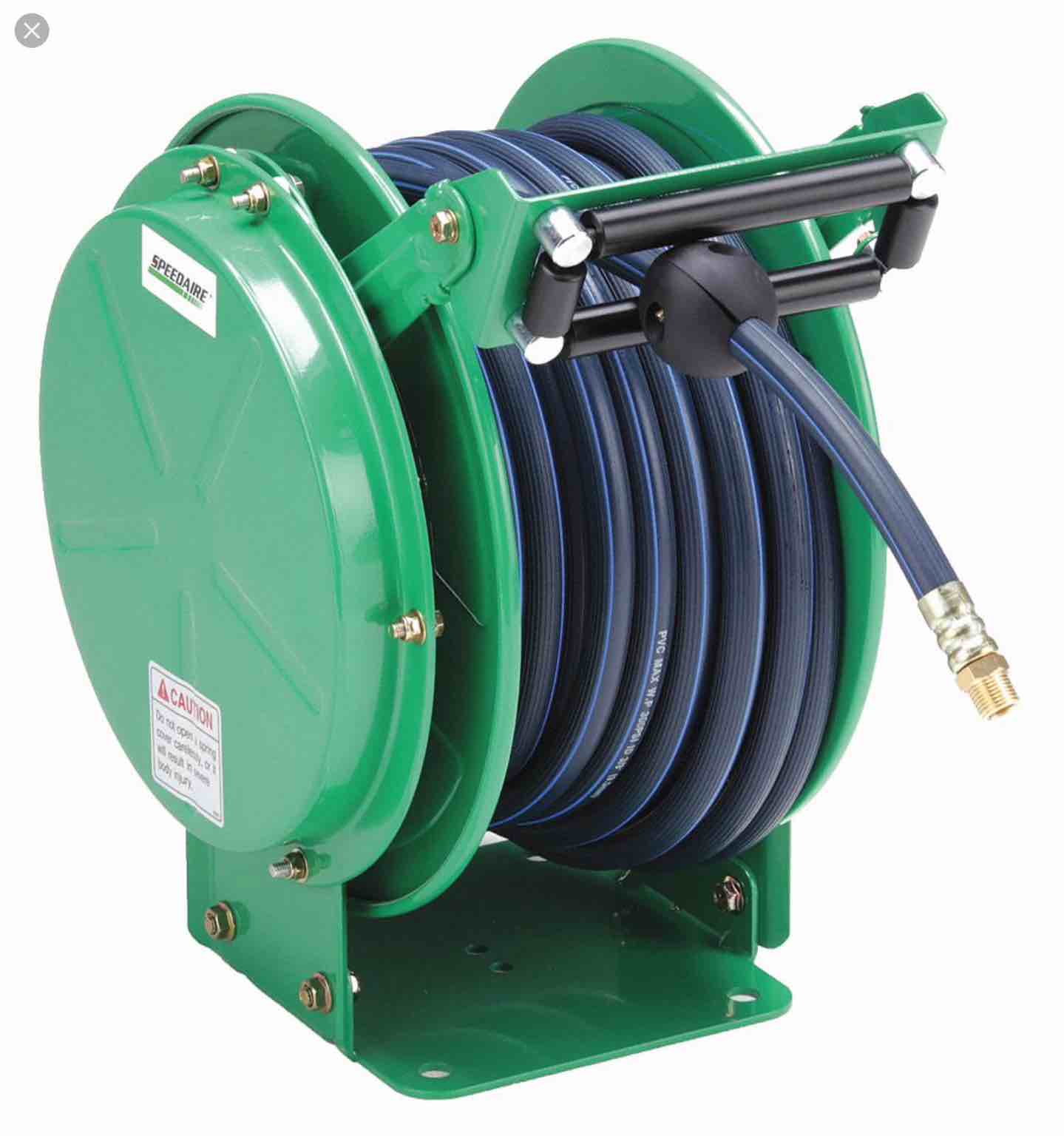 Spring Return Hose Reel: 50 ft (3/8 in I.D.), 3/8 in MNPT, 300 psi Max Op Pressure, Steel, Green