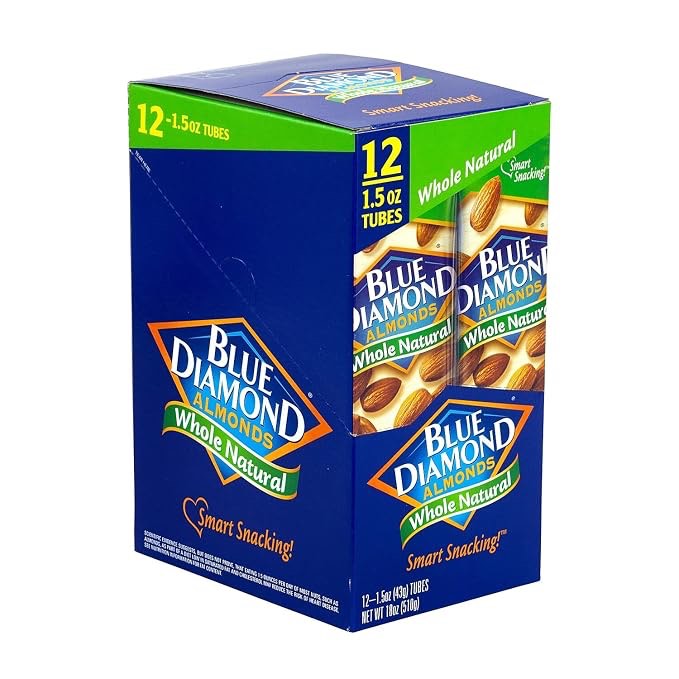 ((Best by :08/28/2027))Blue Diamond Almonds, Whole Natural Flavored Snack Nuts, Single Serve Bags (1.5 Oz. Tubes, Pack of 12)