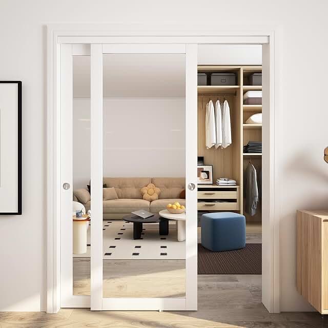 jubest 60" x 80" mirror closet door, preassembled one side mirror door with hardware kit & matching fascia, solid wood frame with water-proof pvc surface, easy to install, white