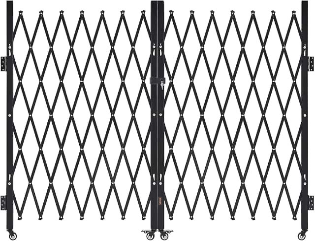 vevor double folding security gate, lockable scissor gate with 360° swivel casters, outdoor barricade steel retractable gates, for entry security, garage, warehouse & pool