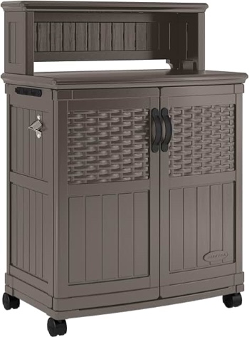 suncast patio plastic storage & prep station w/ wicker pattern stoney gray