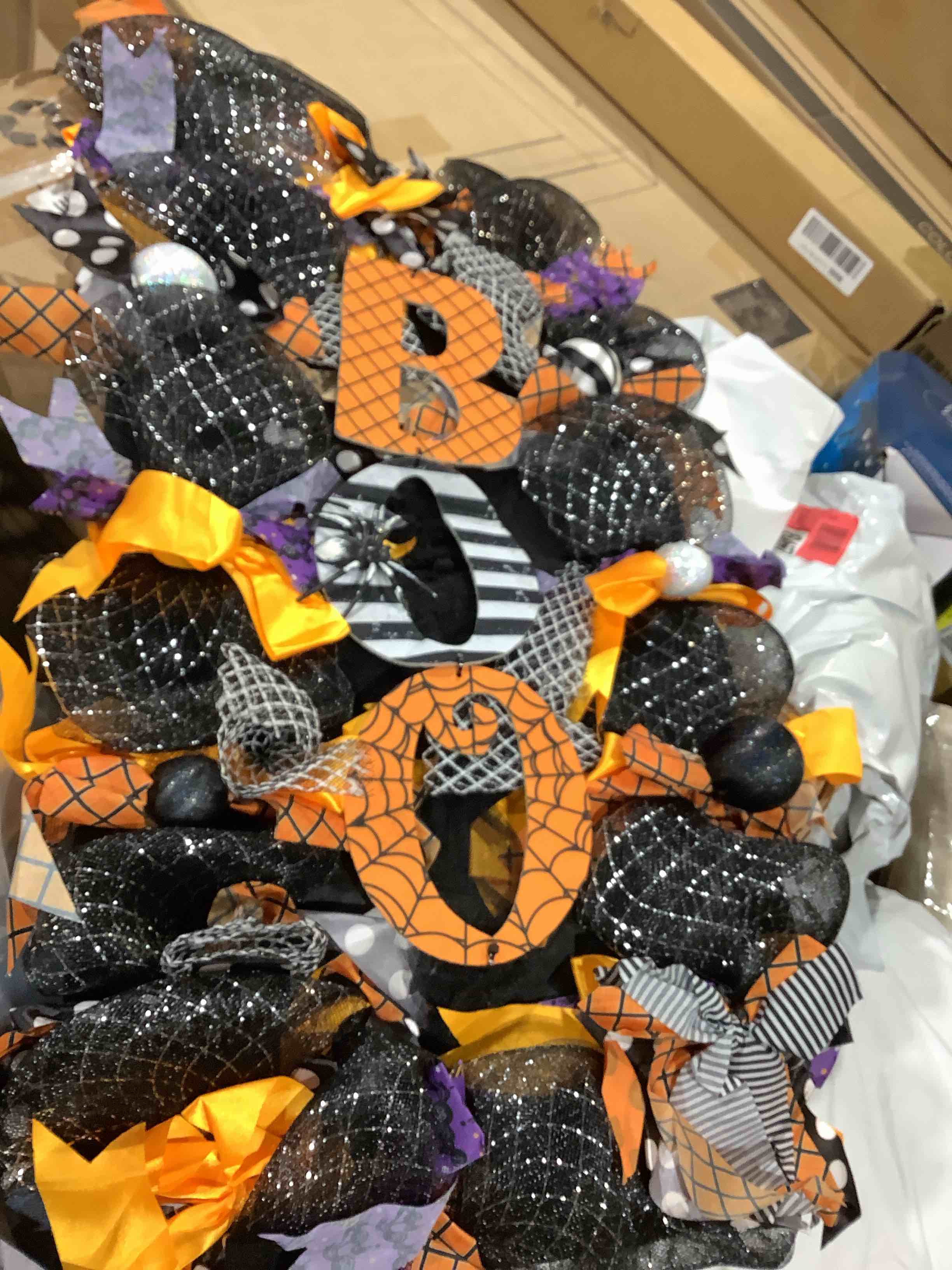 Condition photo showing New/Like New for halloween boo swag wreaths - spider web & ribbon garland