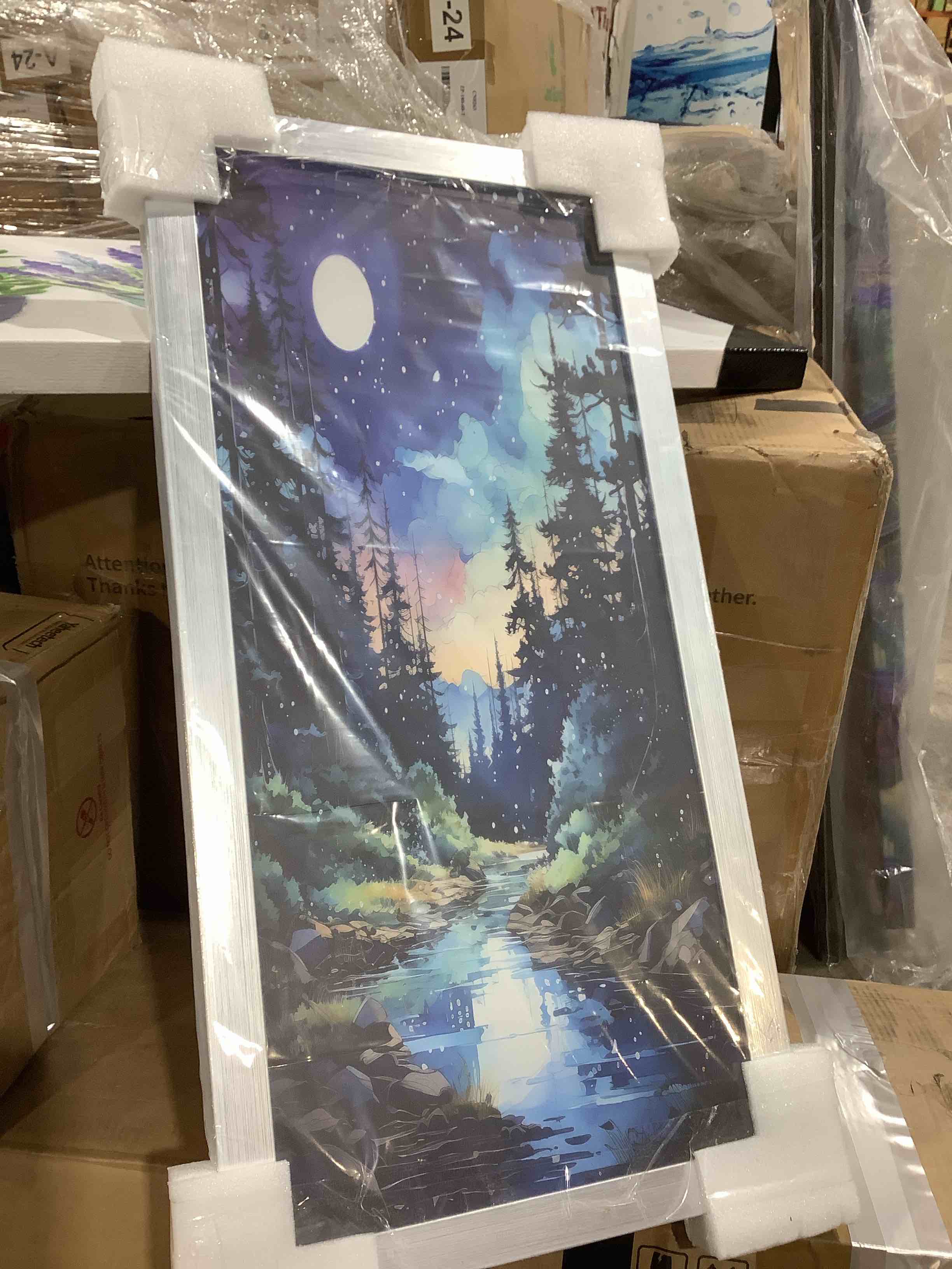 Condition photo showing New/Like New for blue white moon forest river pathway landscape silver frame