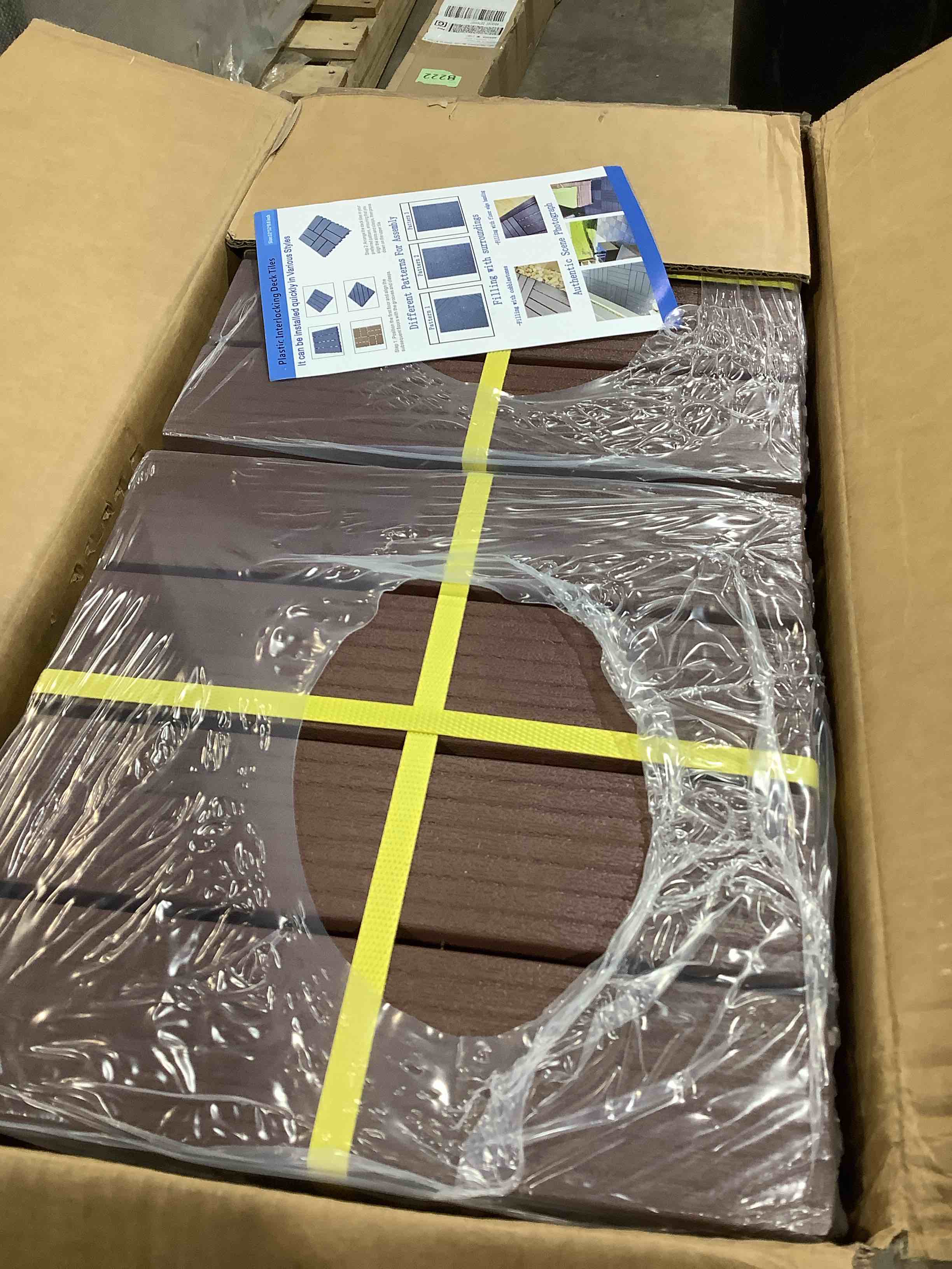 Condition photo showing New/Like New for 44 pcs interlocking deck tiles, 12" x 12" plastic deck tiles outdoor waterproof, all weather patio tiles for balcony backyard poolside porch, pavers for outside walkway, stone brown