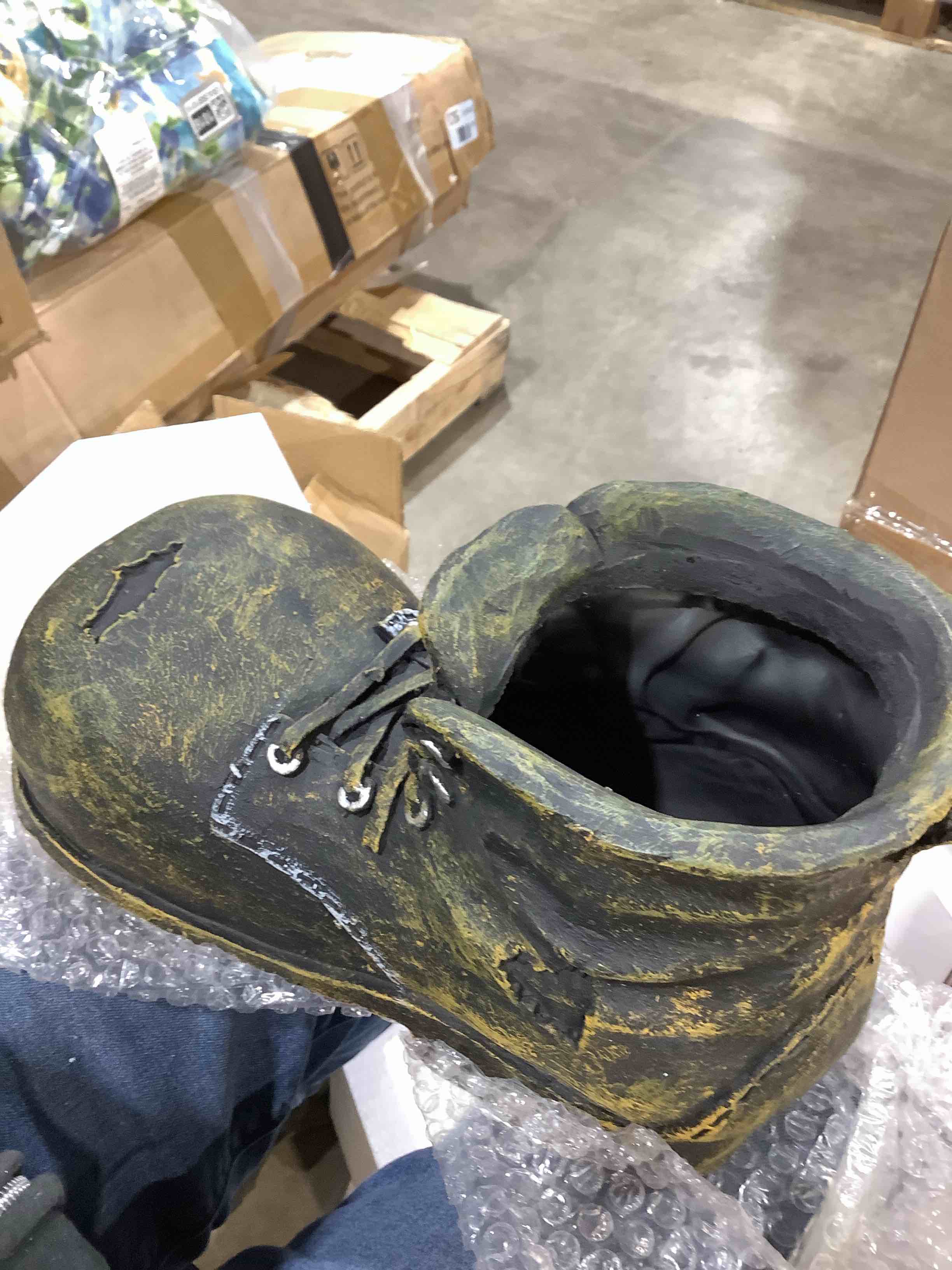 Condition photo showing New/Like New for decorative old boot design garden statue