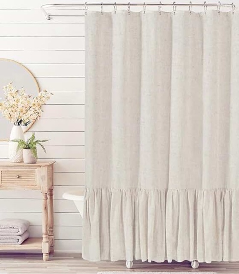 Farmhouse Shower Curtain With Ruffle Hem, Linen Textured Bathroom, 72" x 72"