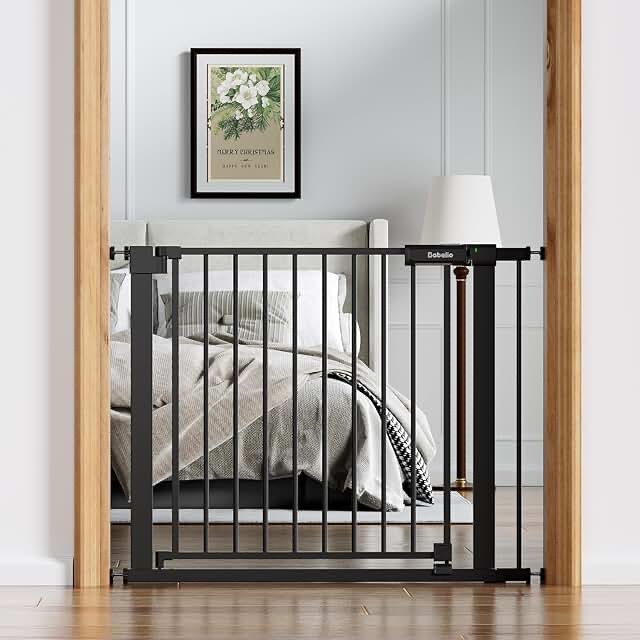 Babelio Baby Gate for Doorways and Stairs, 34" Tall, 29.7" - 46.5" Pet Gate with Wide Walk Thru Door and Lock Indicator, No Drill Pressure Mounted Safety Gate with Double Lock and Self-Closing, Black