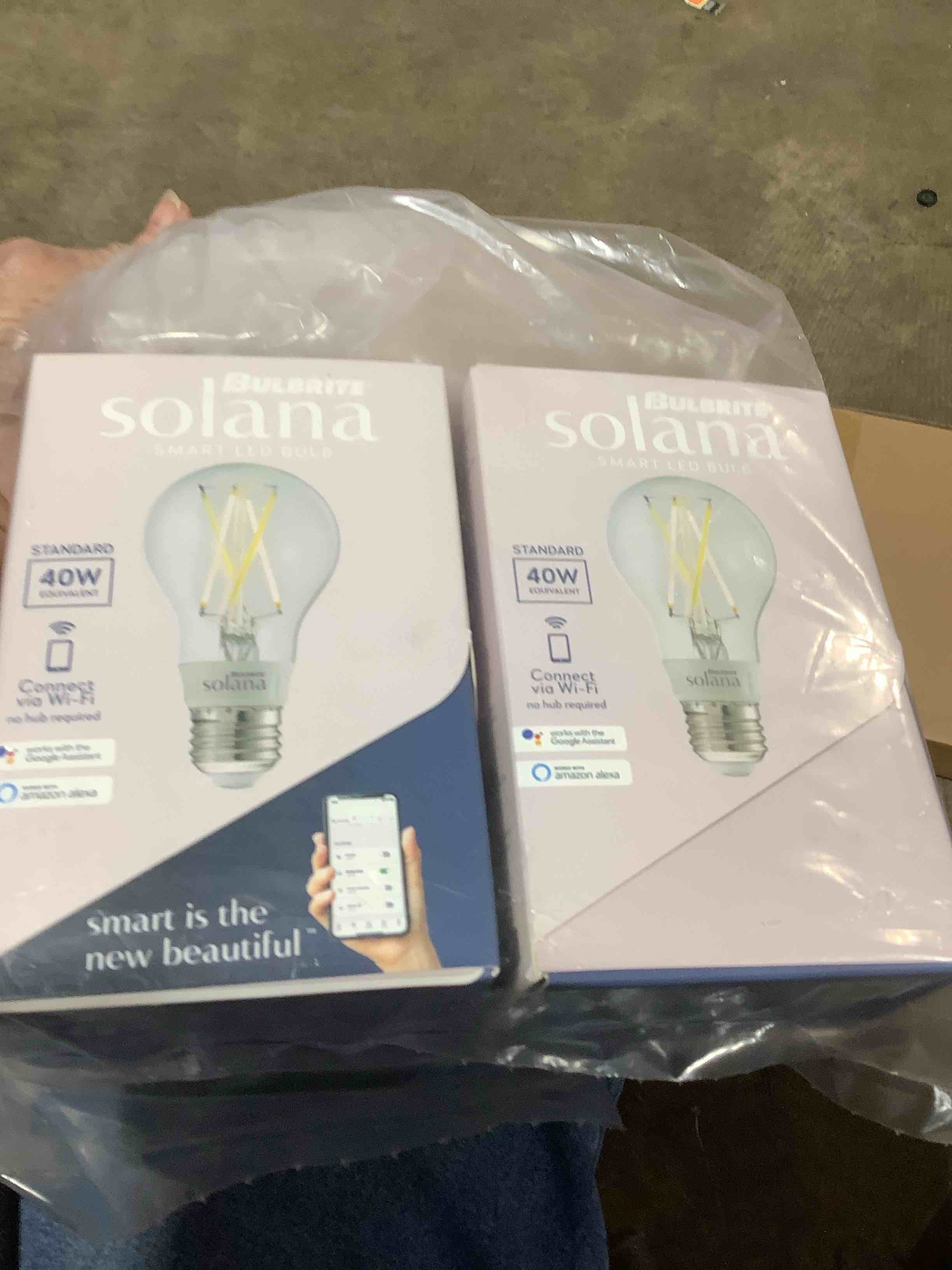 Condition photo showing New/Like New for 2 packages - bulbrite solana a19 wifi connected edison filament led smart light bulb single-a19 clear