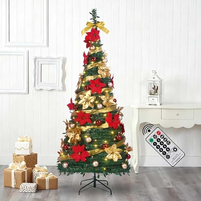 pop up pre - lit christmas tree: red & gold ornaments