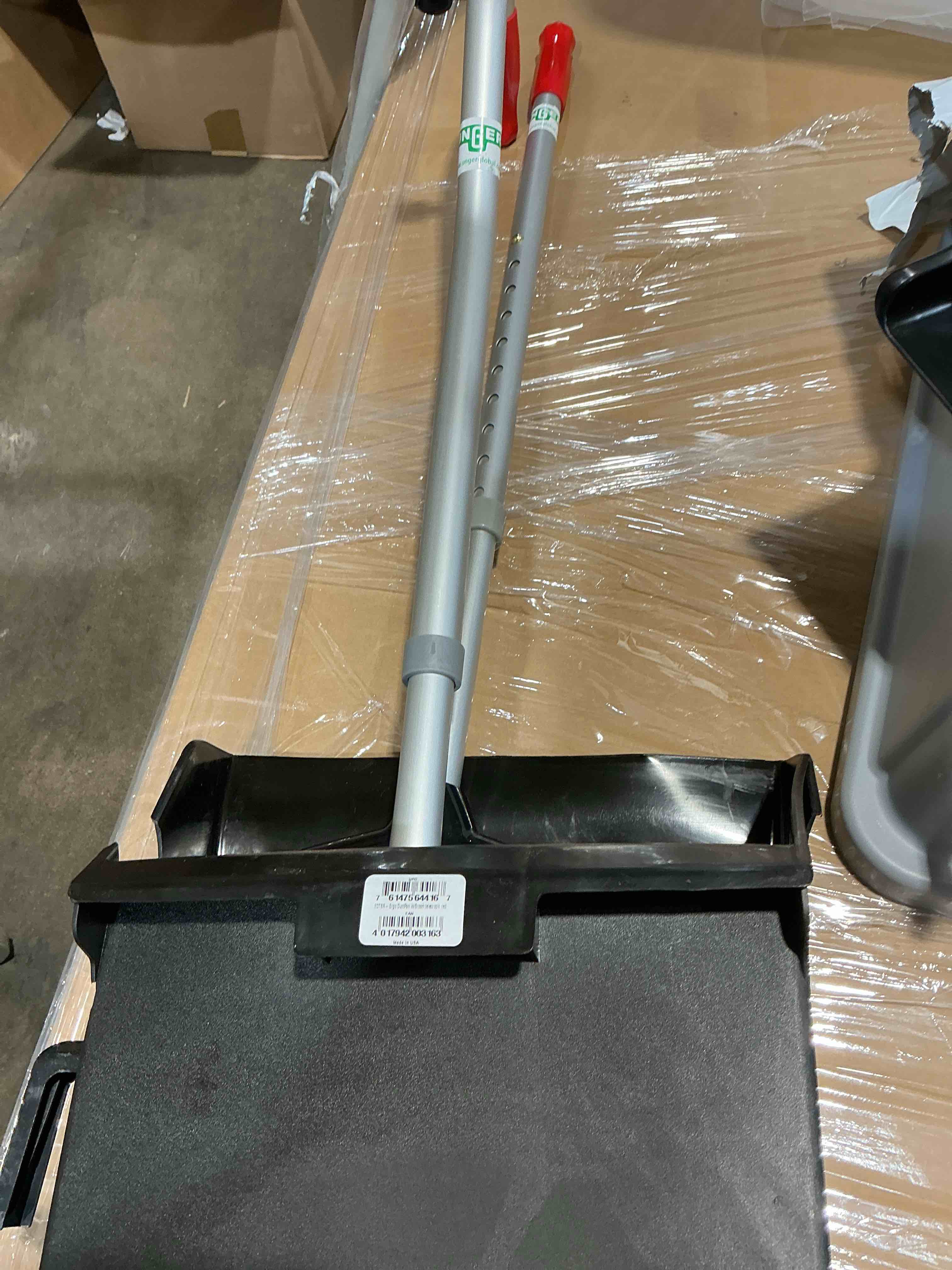 Condition photo showing As Is for unger ergo dustpan [with broom] - aluminum handle - black, silver, redhandle